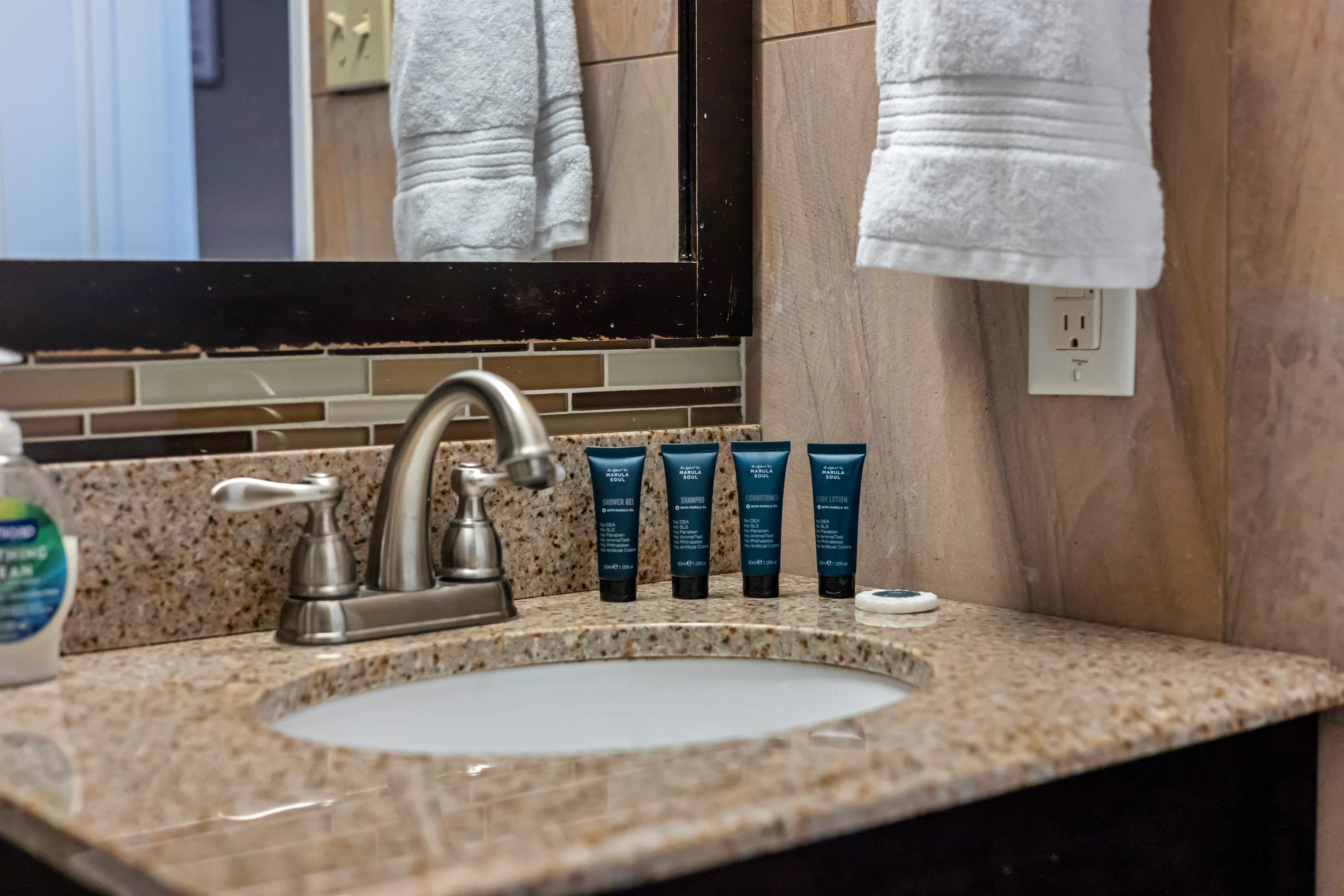 Travel-sized shampoo, shower gel, and hand soap for your convenience