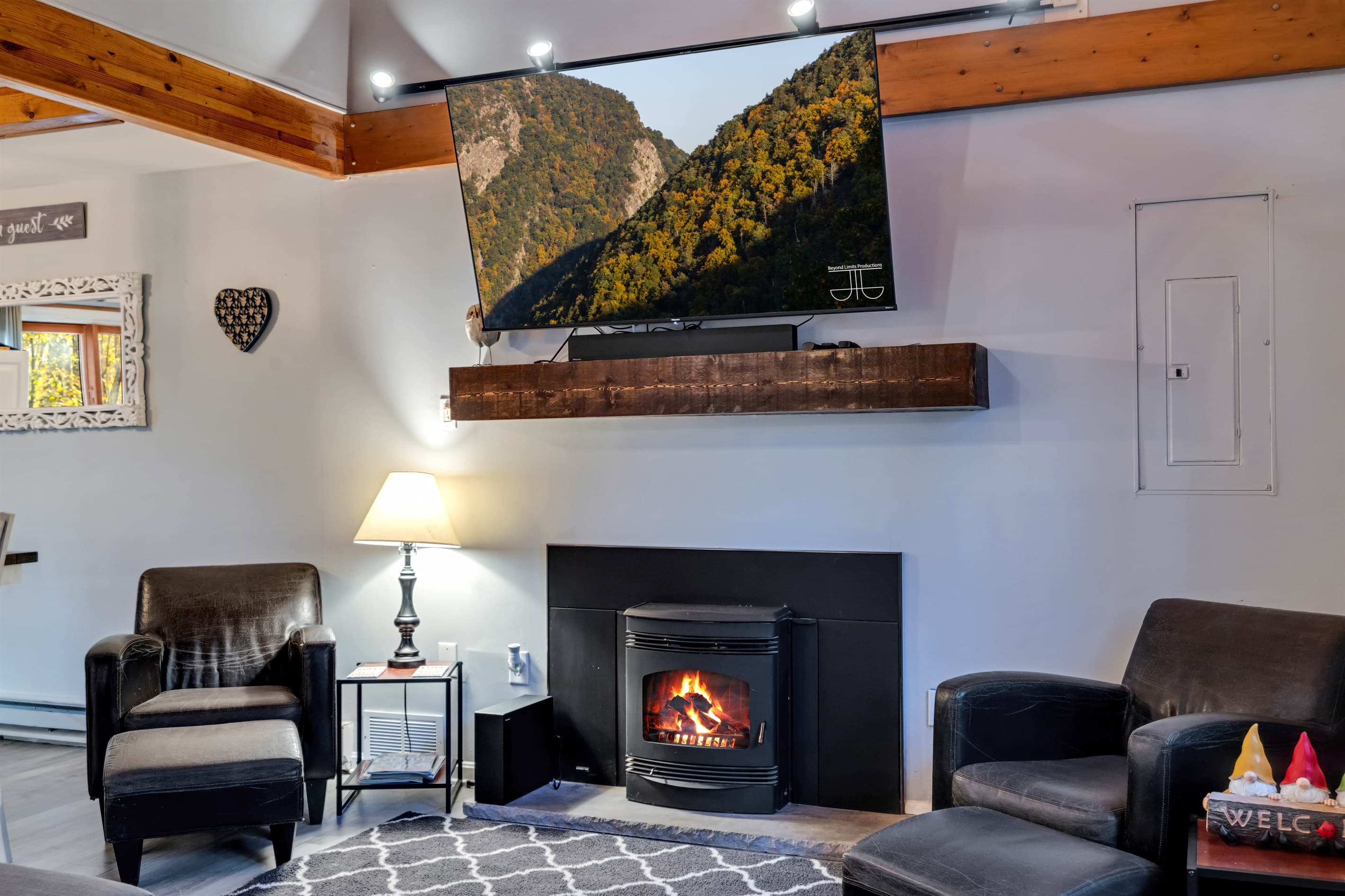 Elegant details of living room with TV and pellet fireplace | Arrowhead Lake | Serhii Vacation Rentals