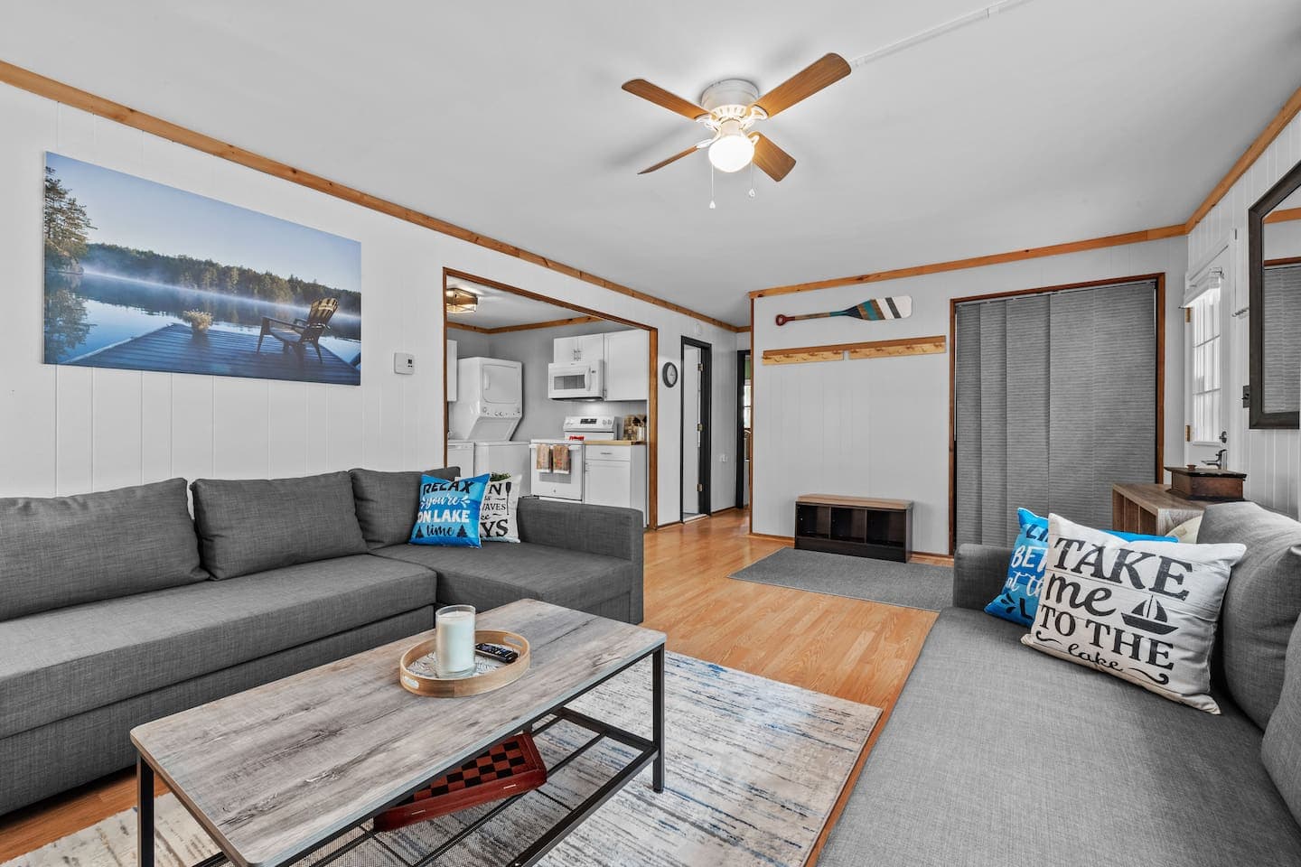 Cozy living room with smart TV and comfy couches