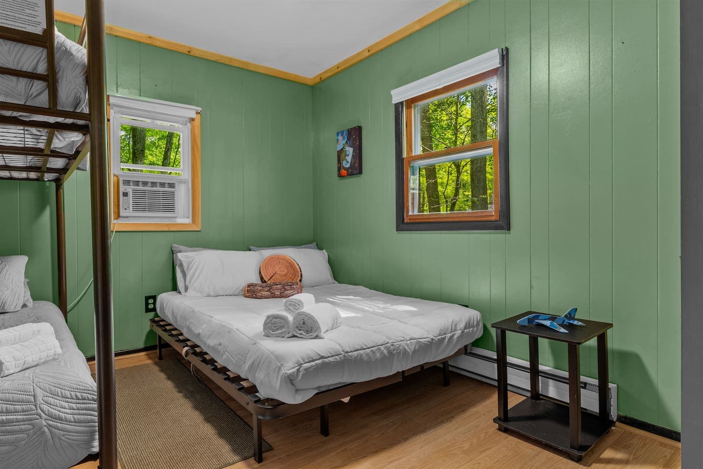 Kid-friendly room with a twin bunk bed and a full-size futon for extra sleeping space
