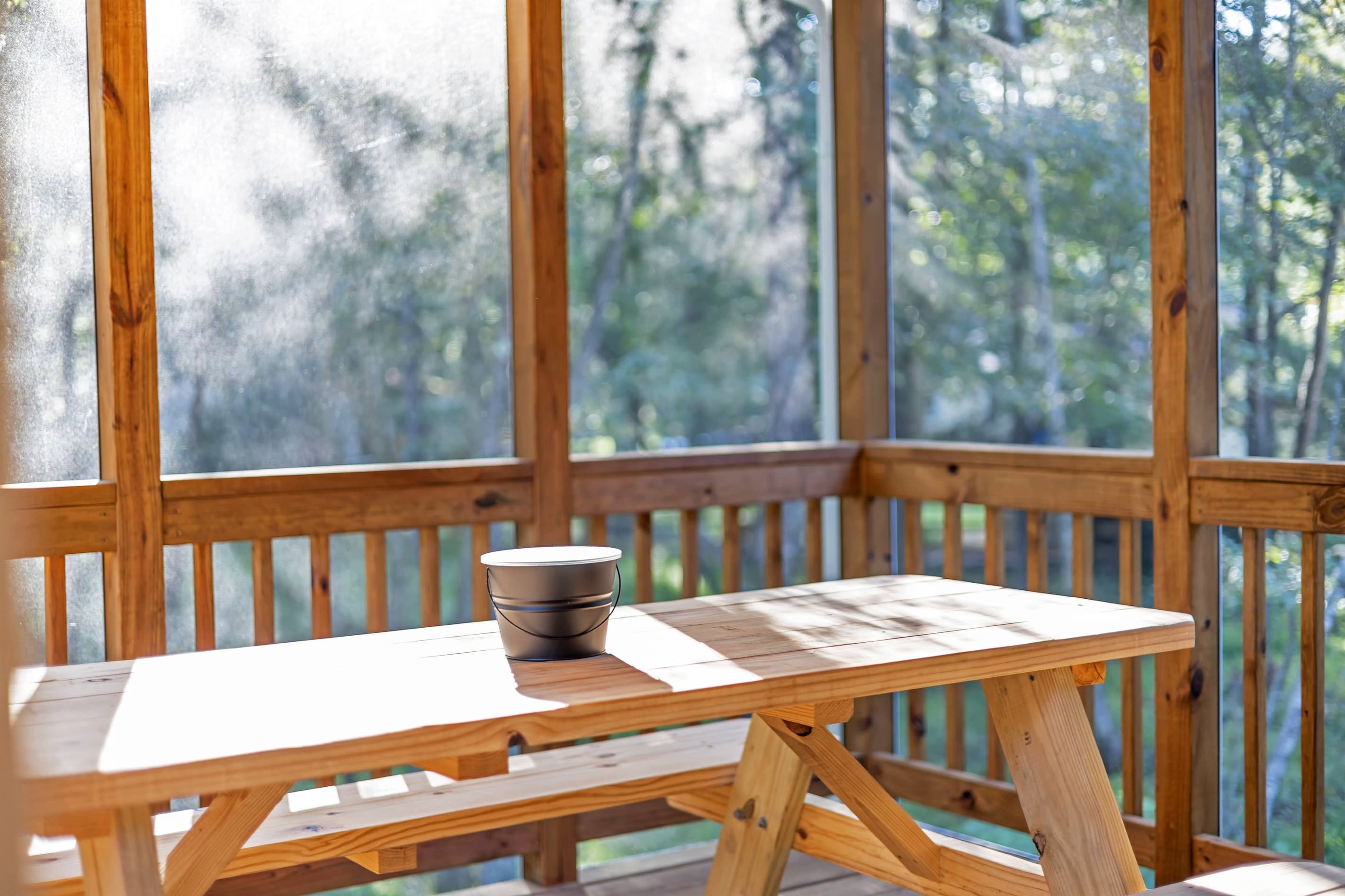Picnic table next to kitchen