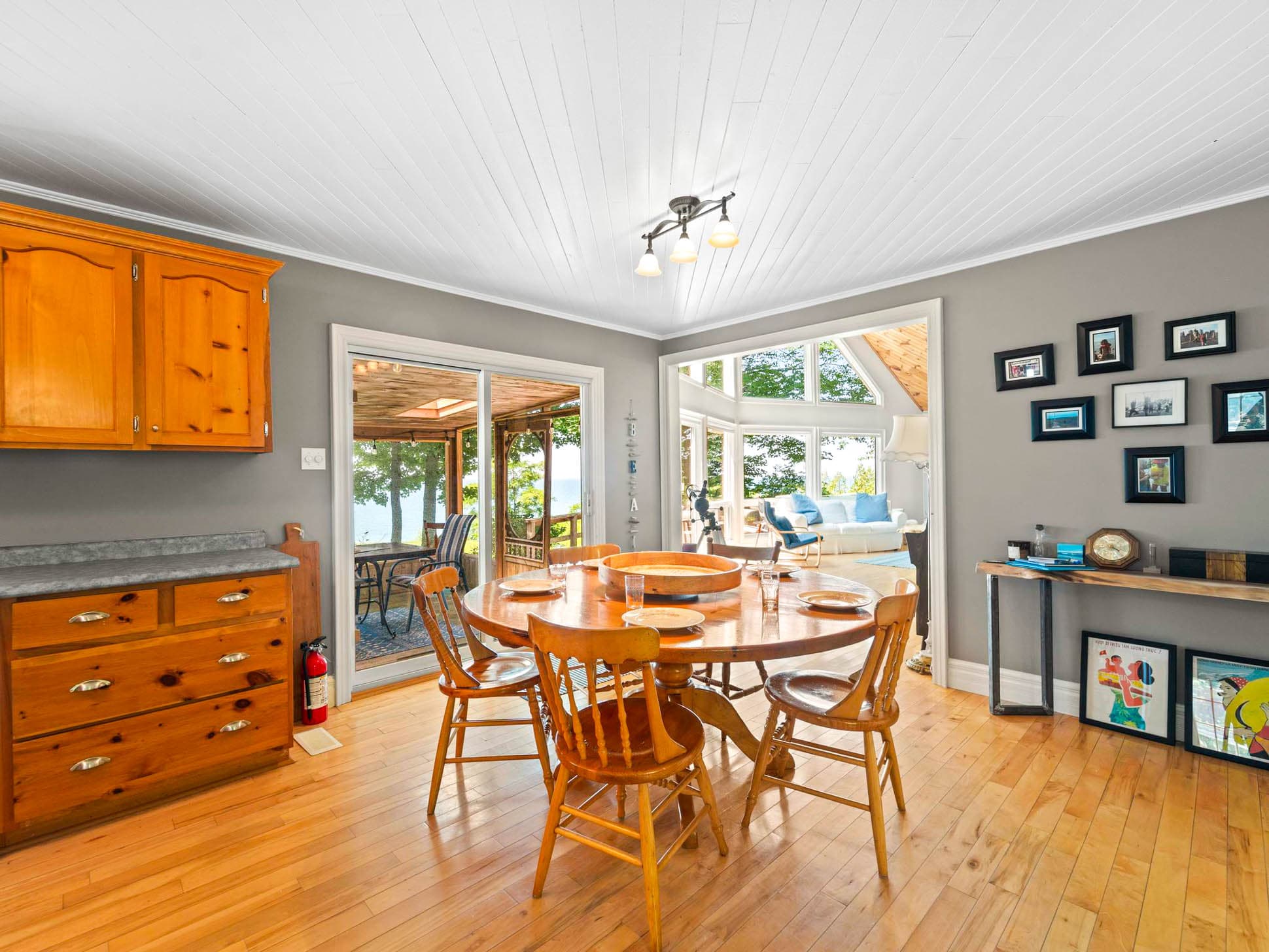 Dining table is round and centrally located