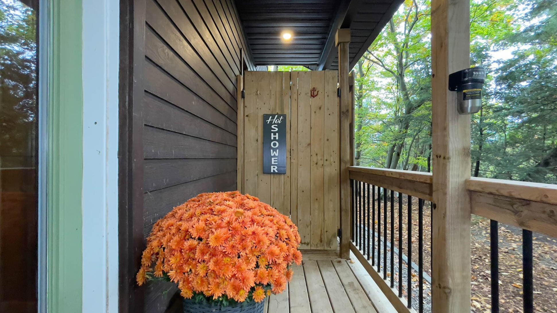 Outdoor Shower with rainfall showerhead and separate light switch