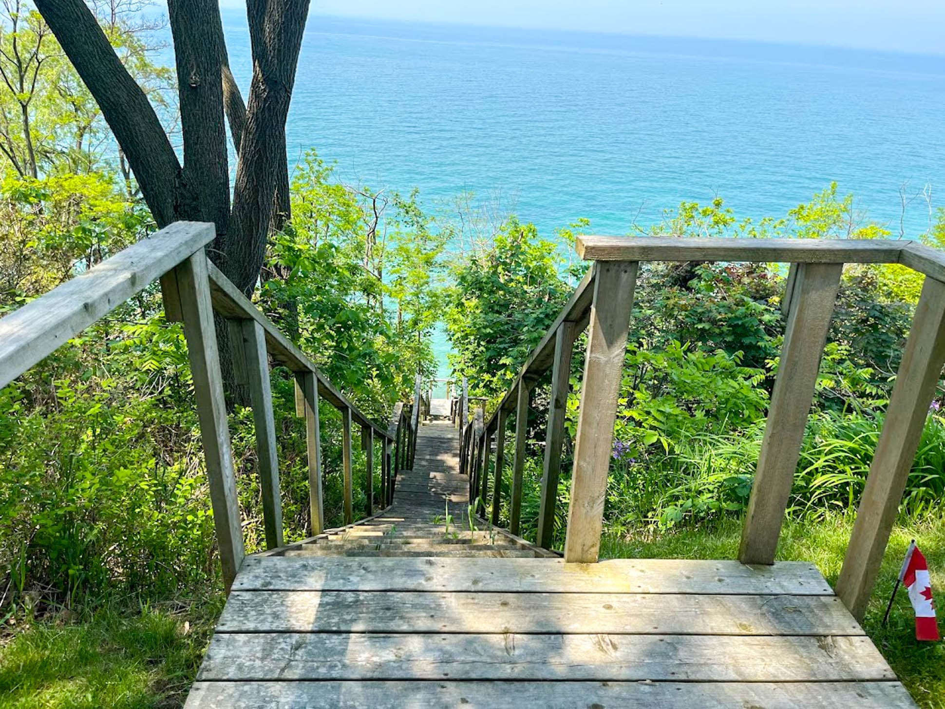 Approx.70 stairs down to where you can sit along the breakwall