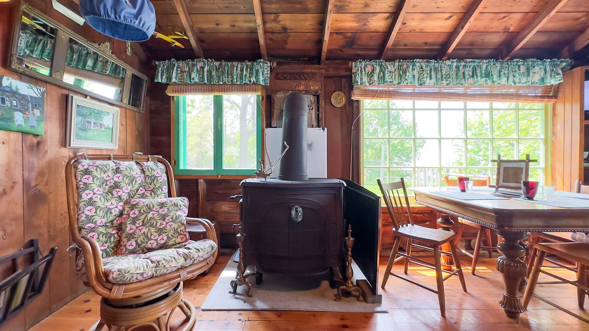 Gather around the wood stove and enjoy the rustic charm