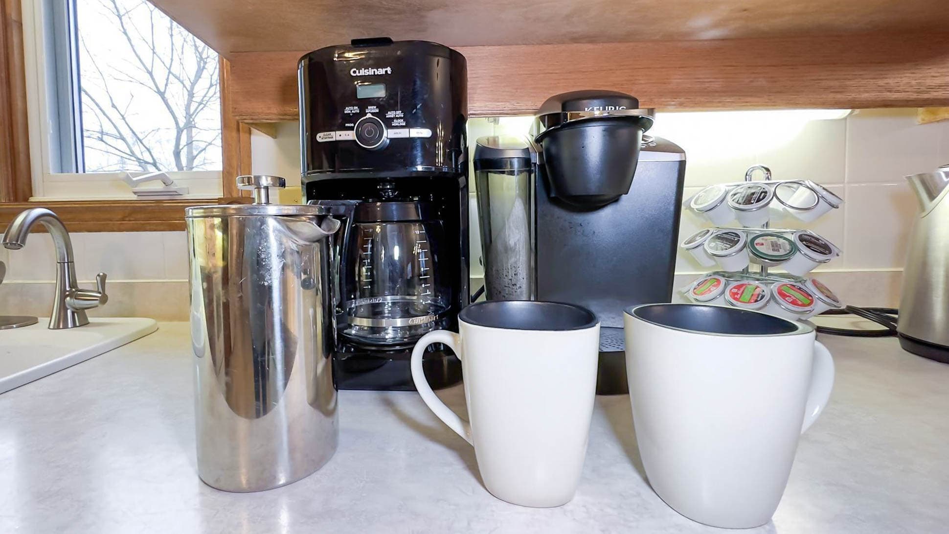 Drink Station with Keurig,coffeemaker, frenchpress and there is a blender for margarita's!