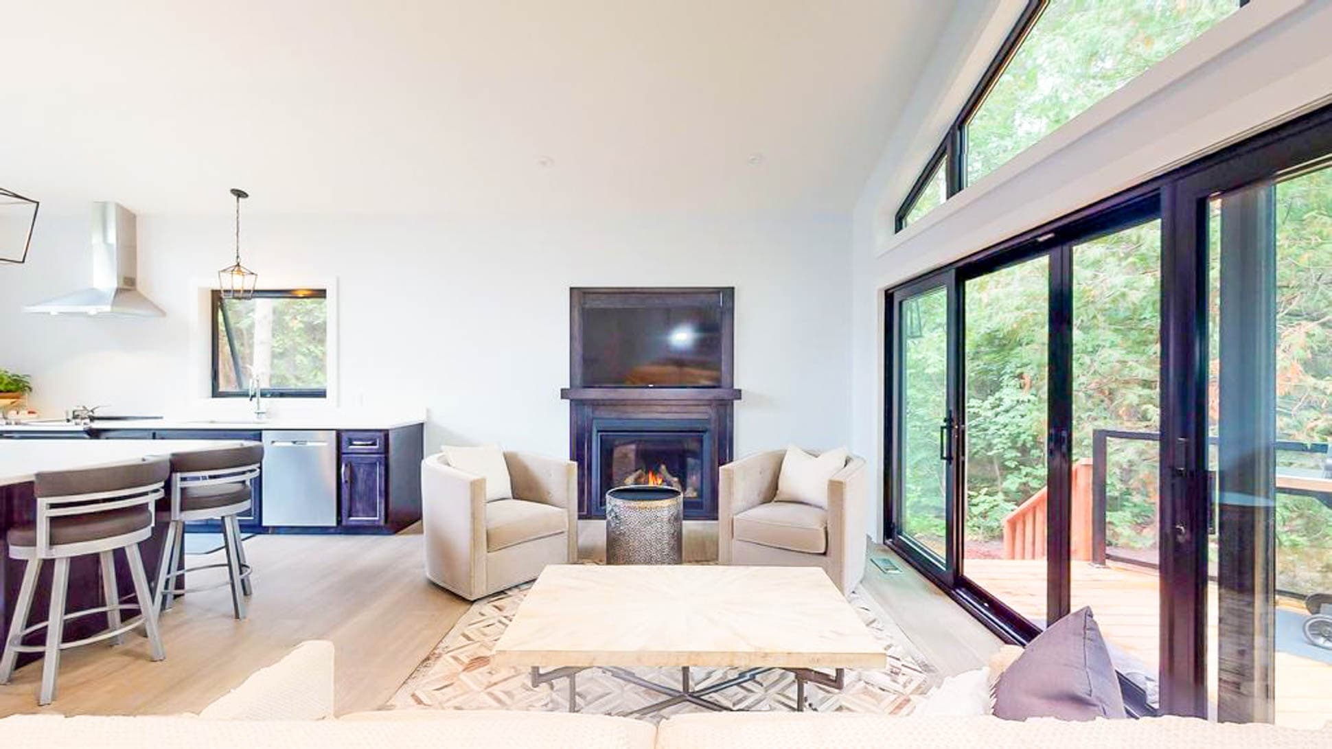 Cozy up by the fireplace and relax with cable TV