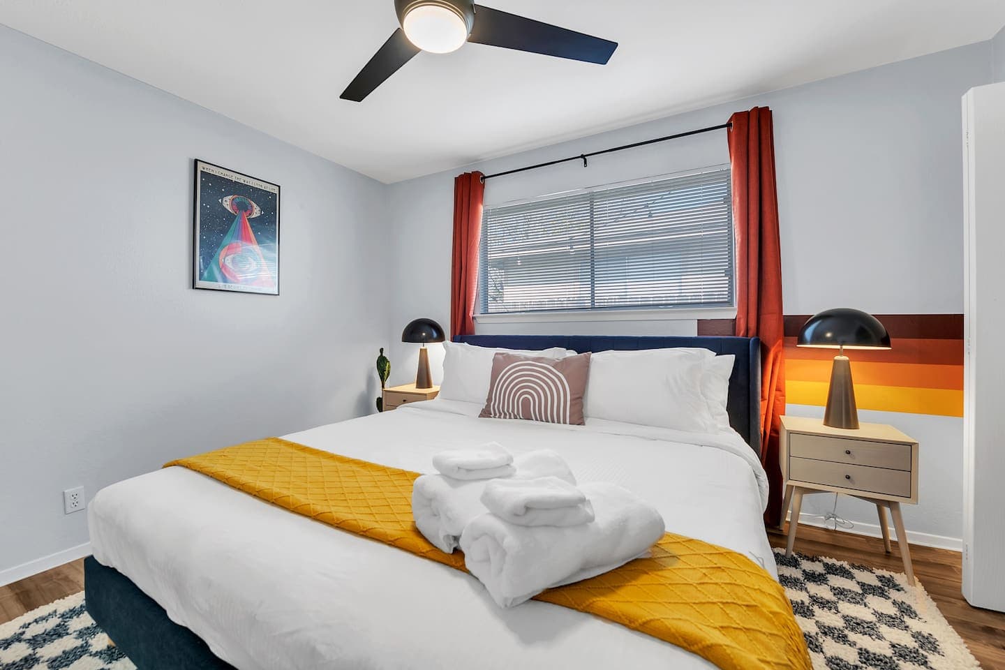 Our retro 1970s king-size bedroom with vintage design and color.
