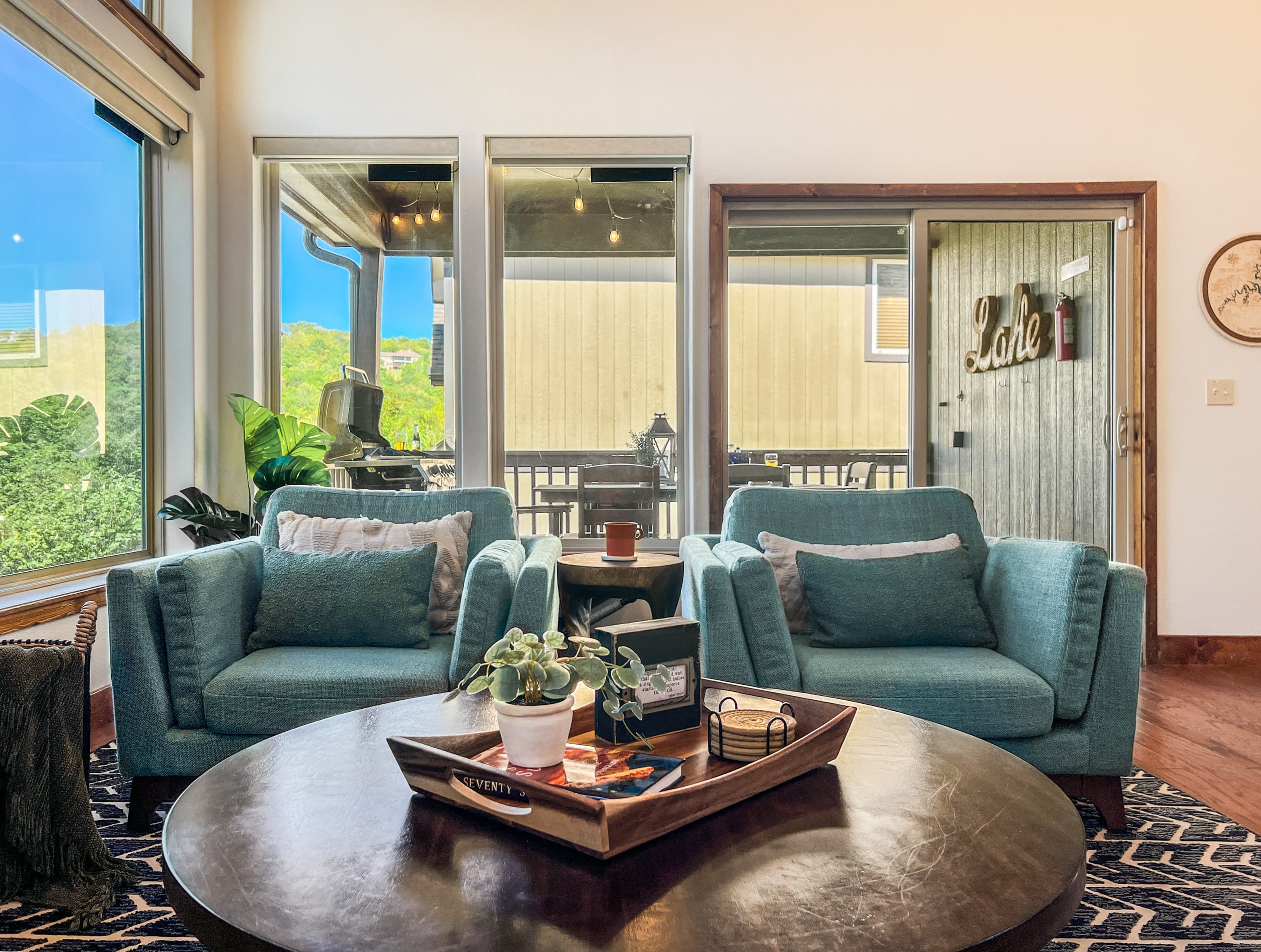 Find your corner by the fire — the living room fireplace is made for late nights and slow mornings