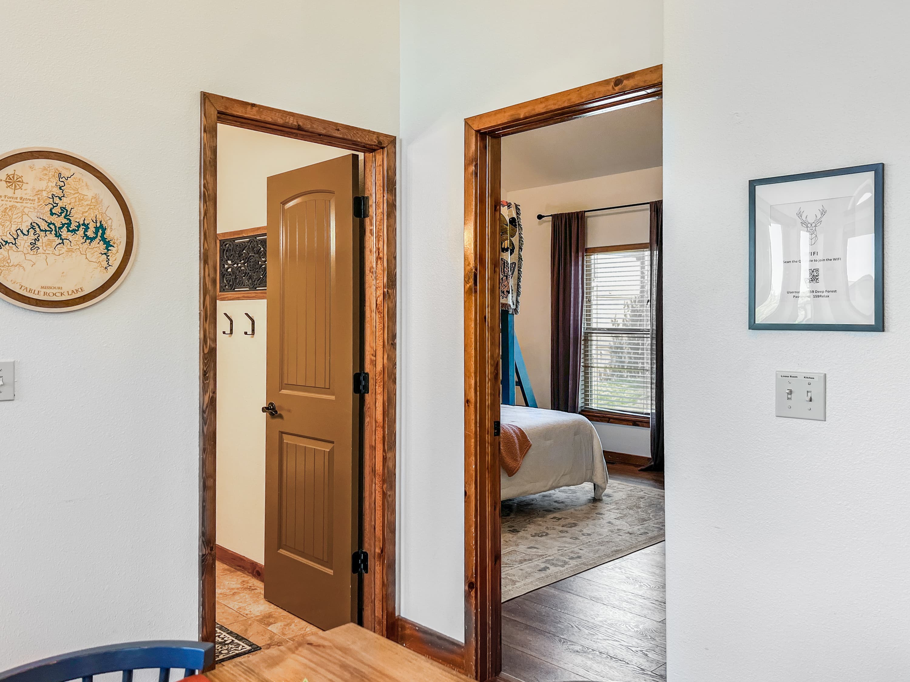 A glimpse of characterful woodwork and curated decor leading to a restful space.