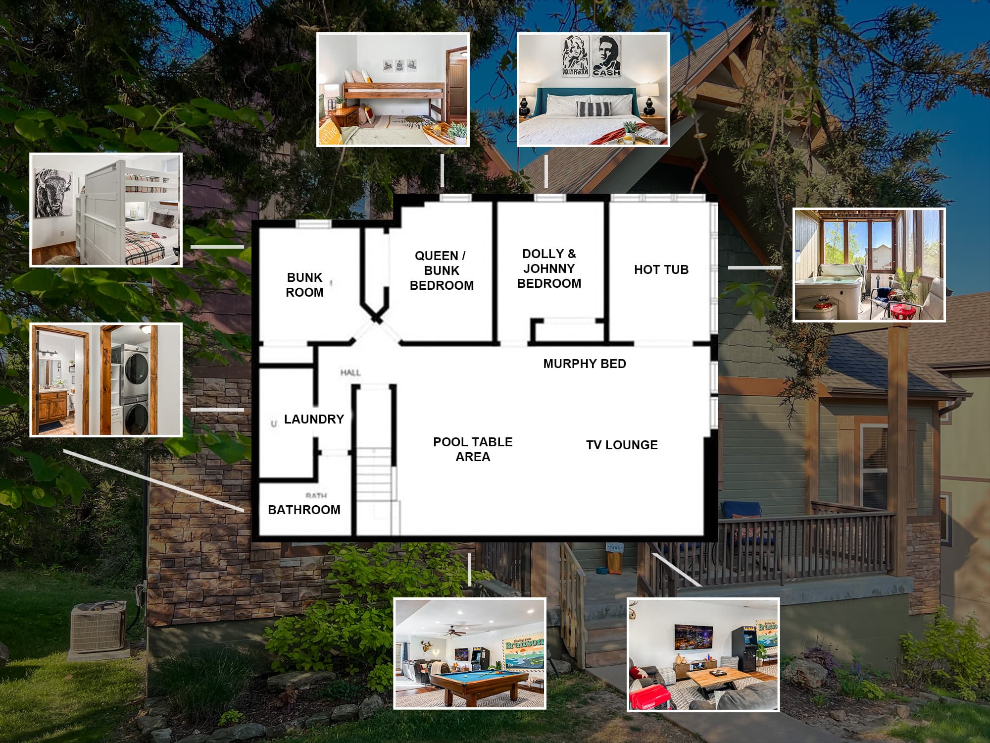 Downstairs Level (floor 1) - Reference the downstairs floor plan — the game room, hot tub porch, and three bedrooms are all here