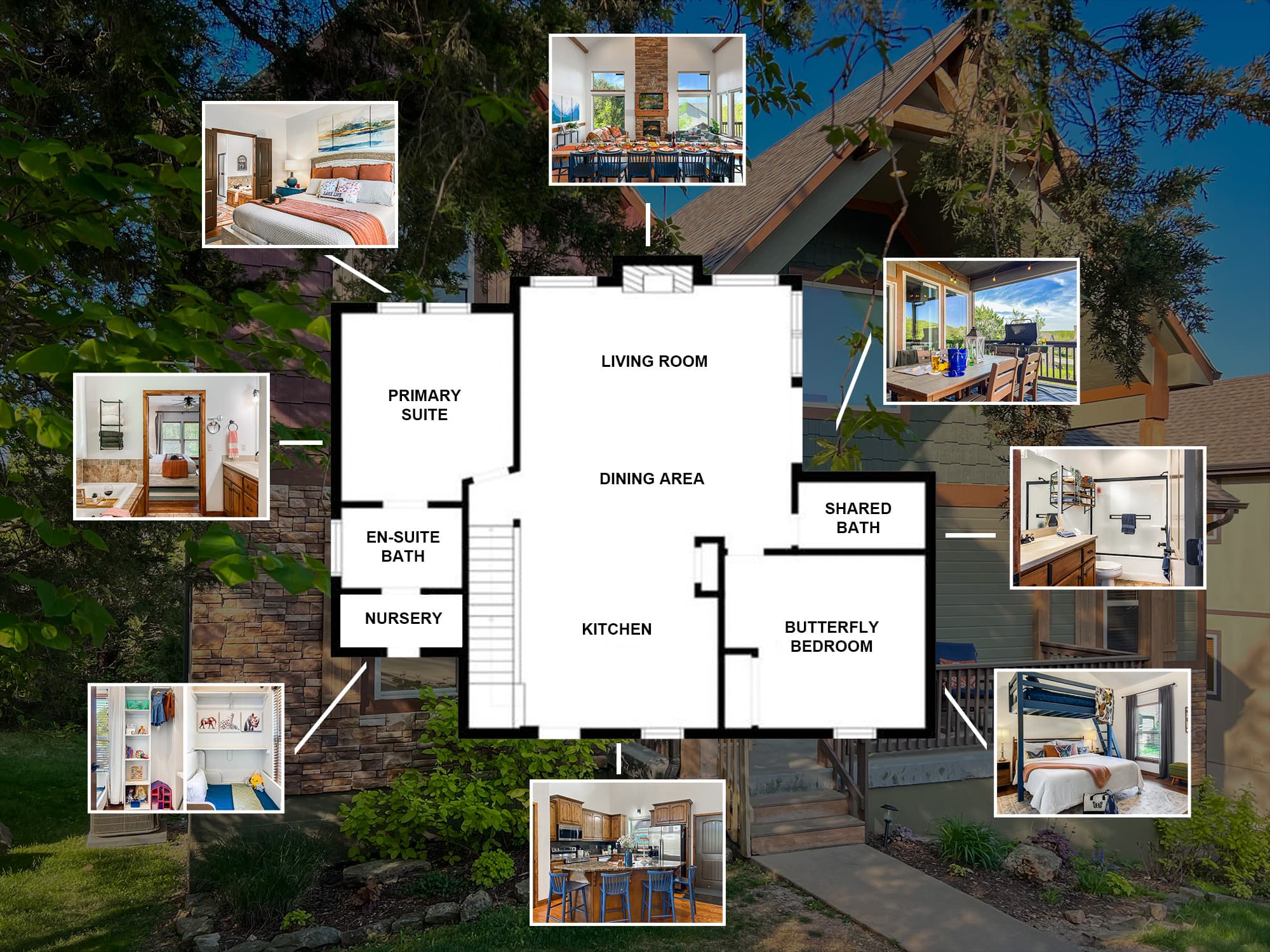 Main level (Floor 2) - The main level layout at a glance — kitchen, dining, living, two bedrooms, and deck access in one op