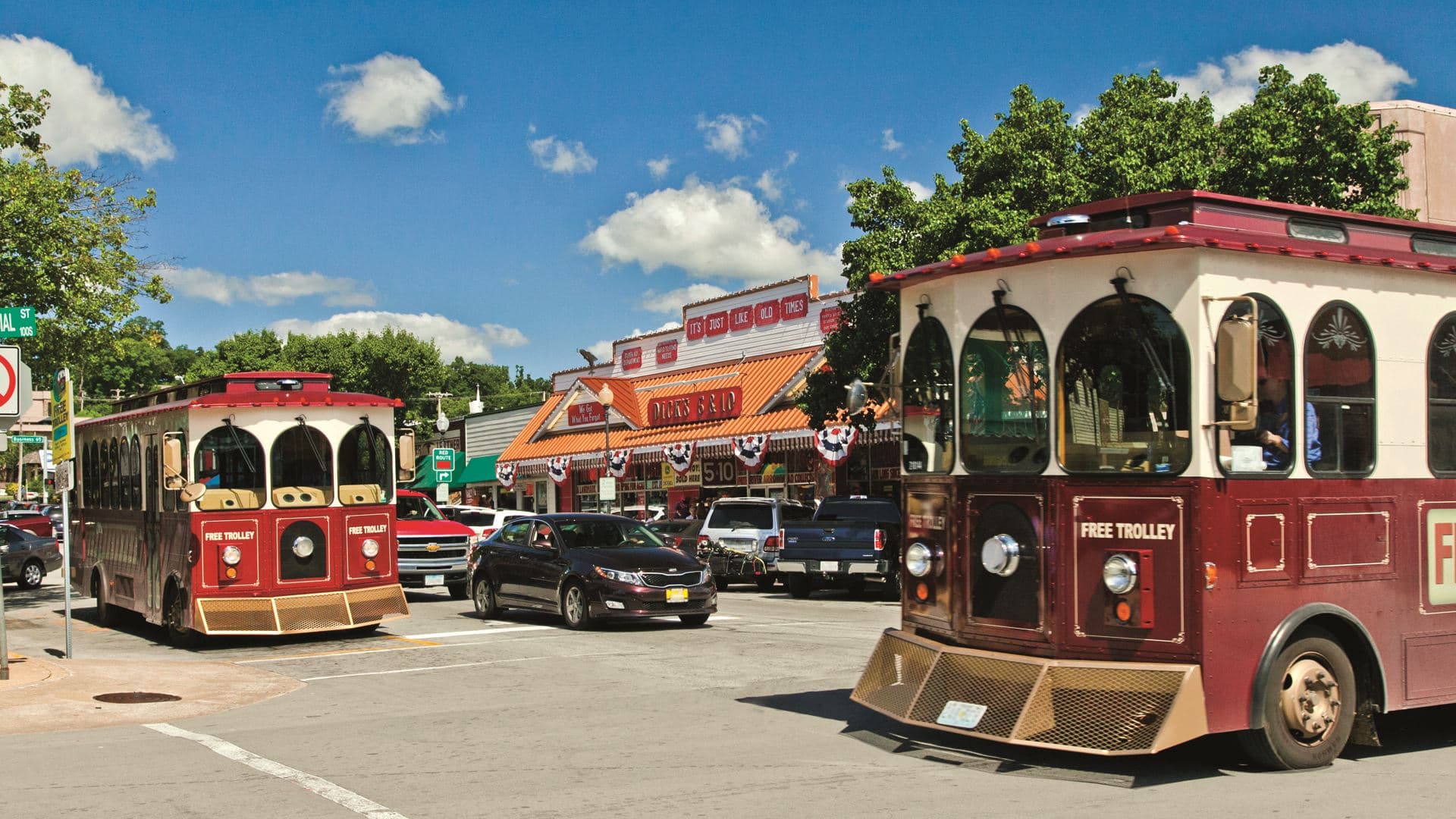 Hop the free trolley around Downtown Branson — a classic and easy way to see the city