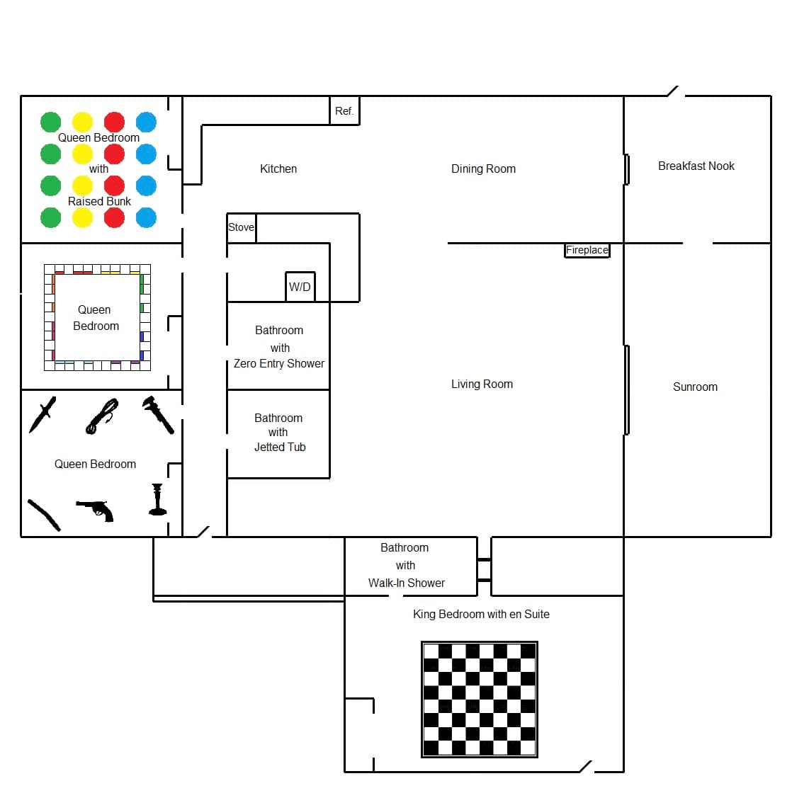 Here is the floor plan. Everything is on the same floor though there are 2 steps to get in and two steps in the Chess suite and one step down to the sunrooms.