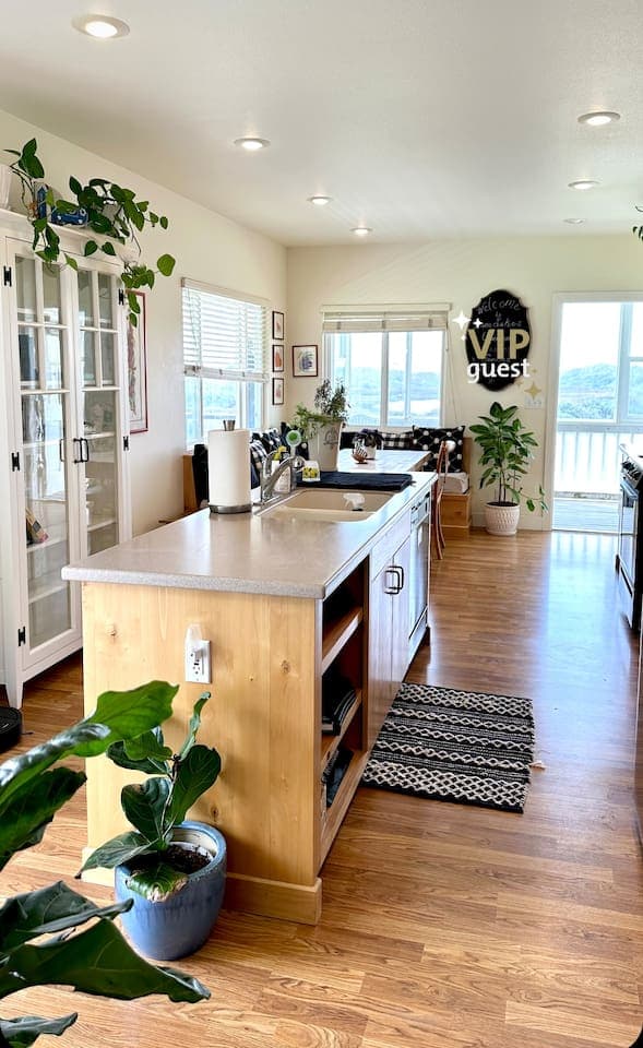 Center island houses the microwave and dishwasher.  Plenty of room for meal prep and clean up!Our welcome board can be personalized with a greeting of your choice.  All of our guests are VIPs to us!!!! 