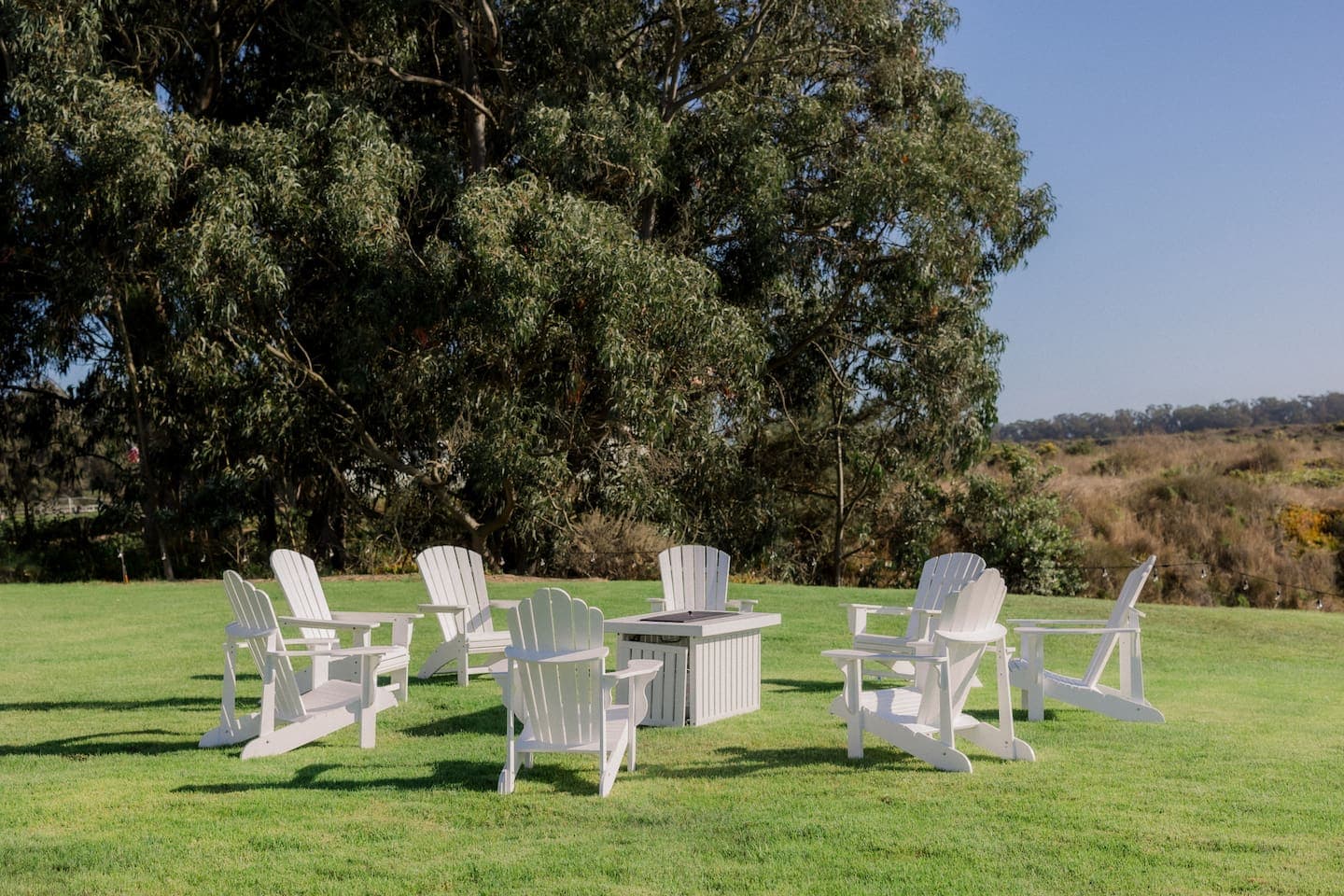 Group seating around the fire pit is popular with guests