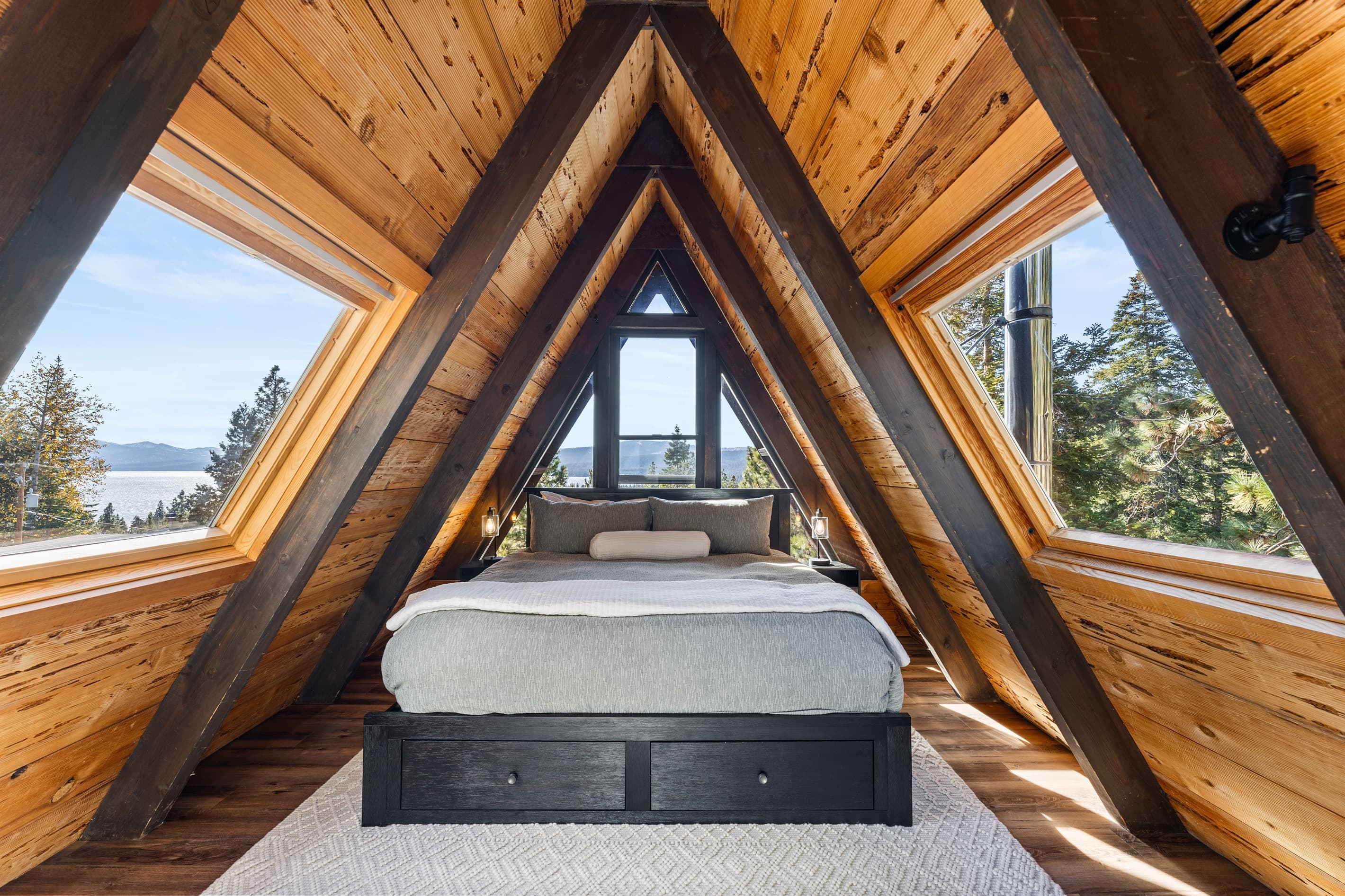 King Bedroom - Located on the third floor, this bedroom has its own electric fireplace and views of Lake Tahoe.