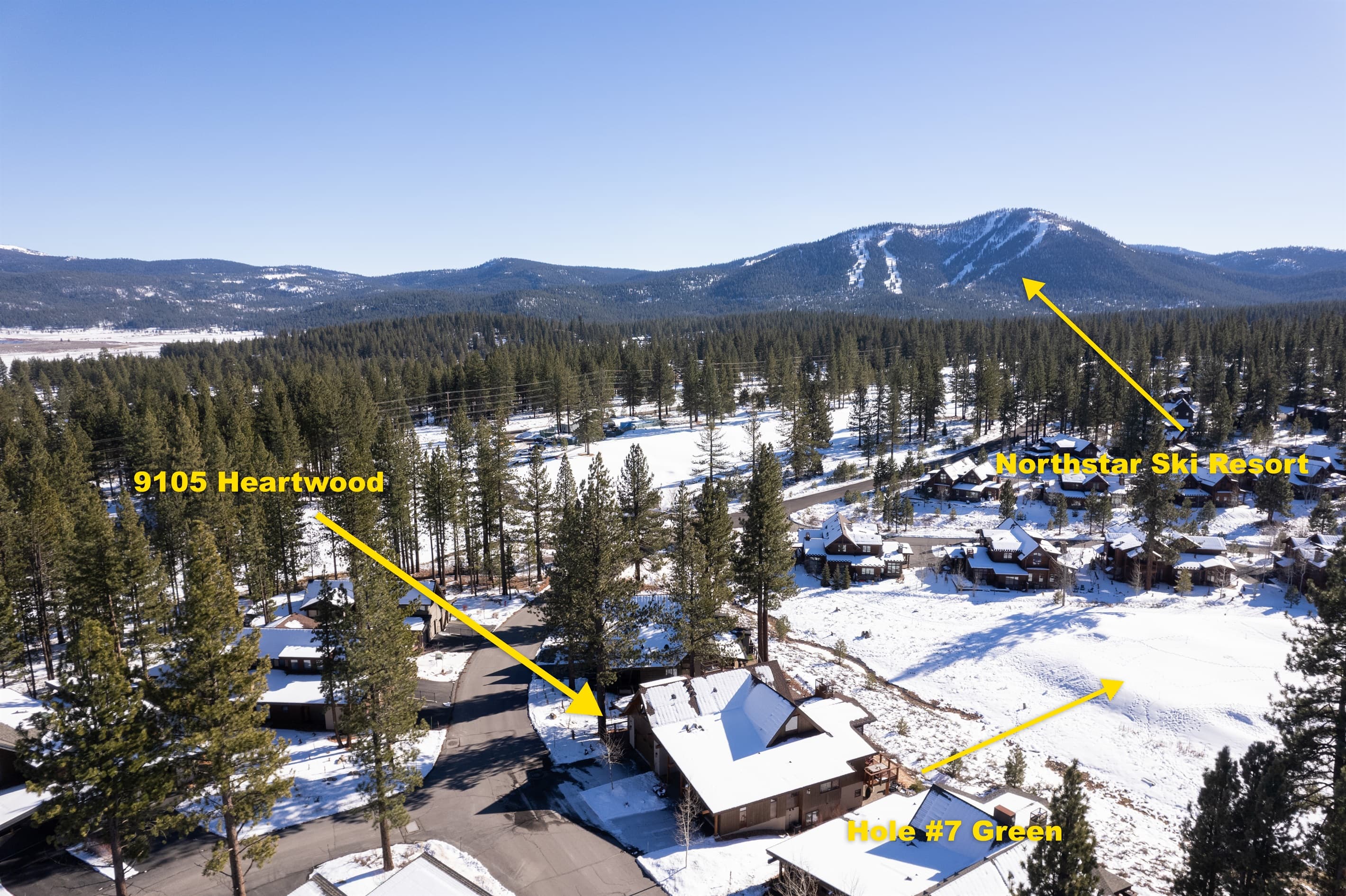 A stunning view of the home, nestled along the 7th green of Schaffer’s Mill Golf Course, with the rugged beauty of Lookout Mountain at Northstar Ski Resort providing a breathtaking backdrop.