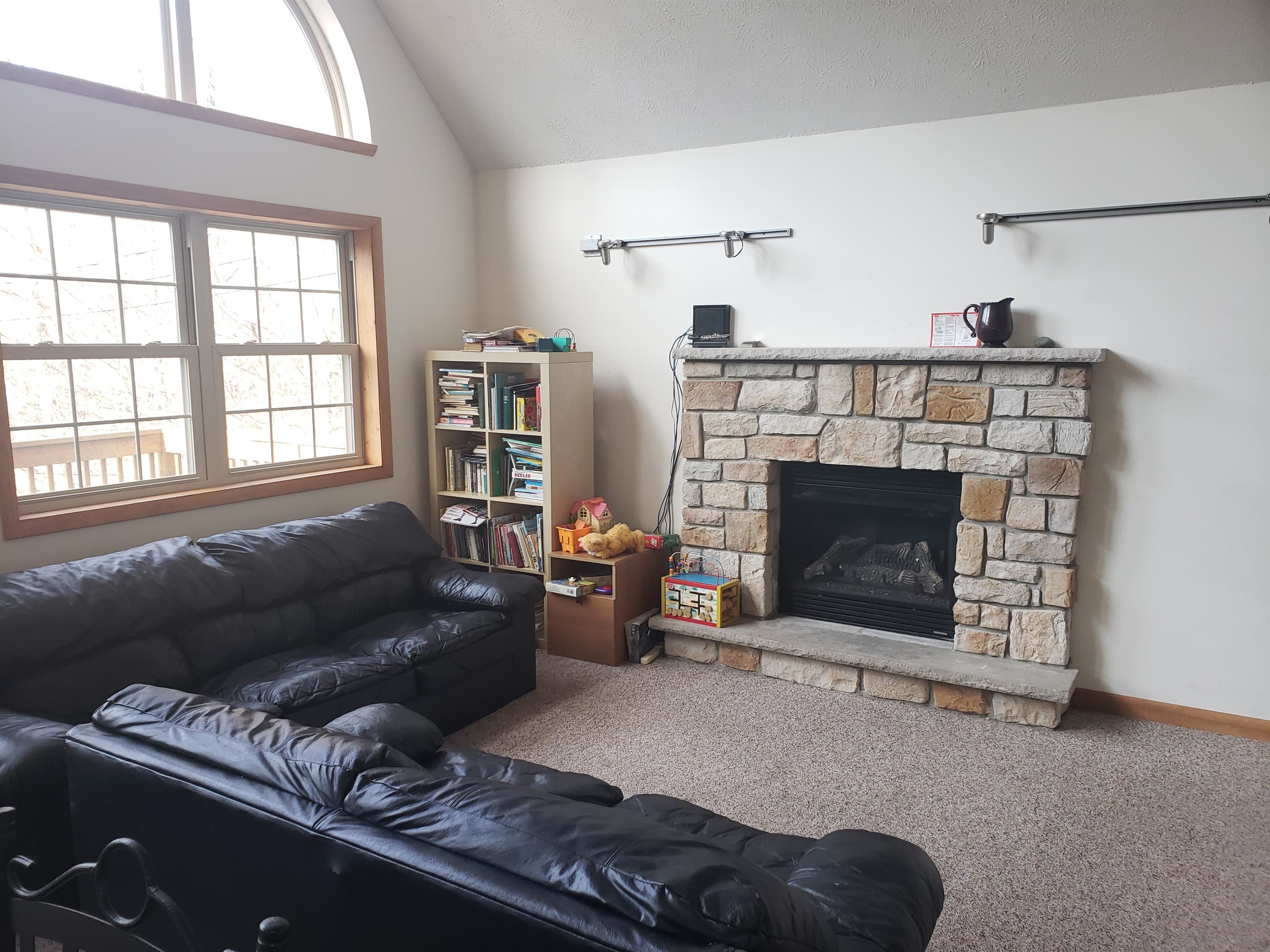 Living room with couches and fireplace