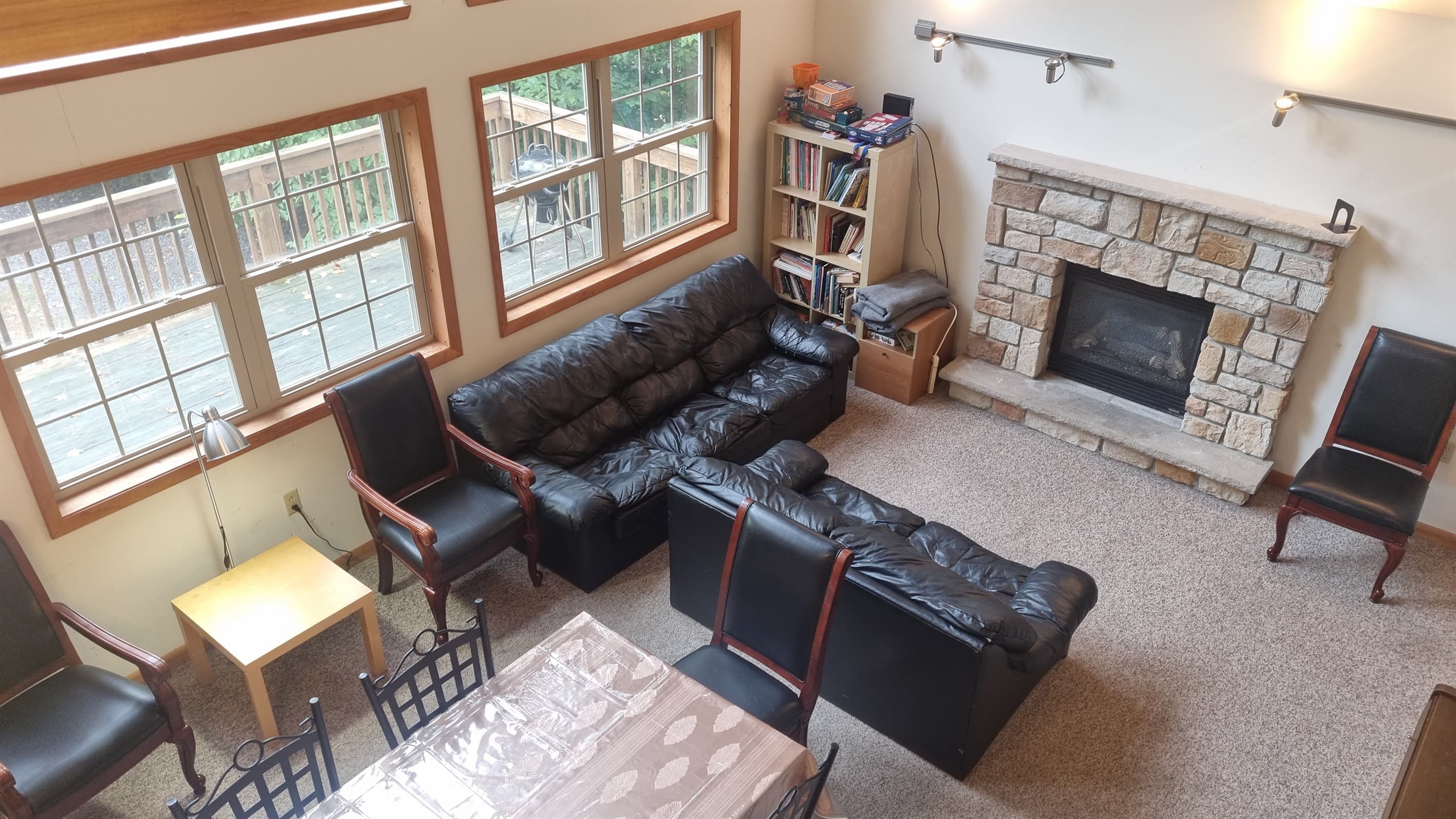 Living room with couches and fireplace