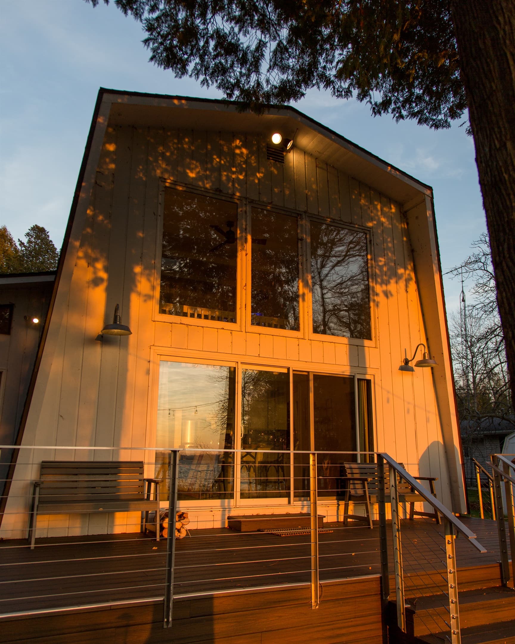 The cabin reflecting a beautiful Door County sunset.