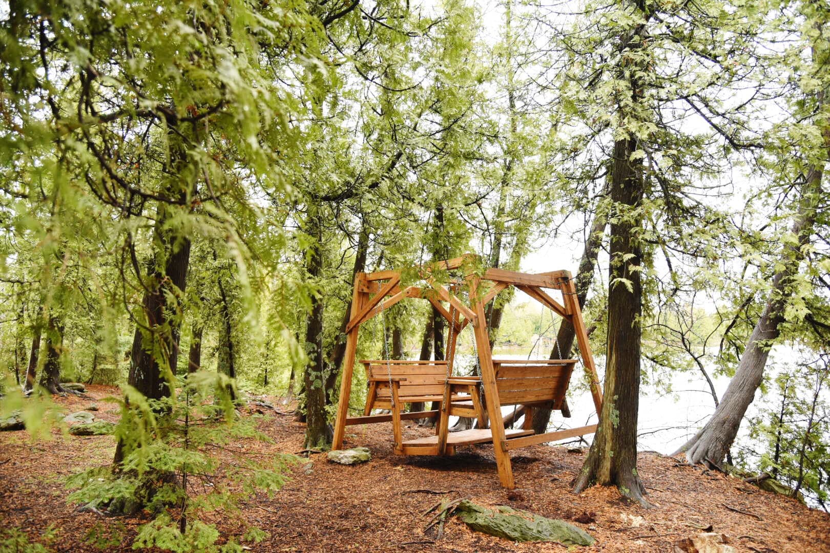 Head down your private hiking trail to the tip of the peninsula and you'll find this swing ready for you to rest and enjoy the peaceful setting. This is where the owners got engaged and they transported it here to keep with them forever.