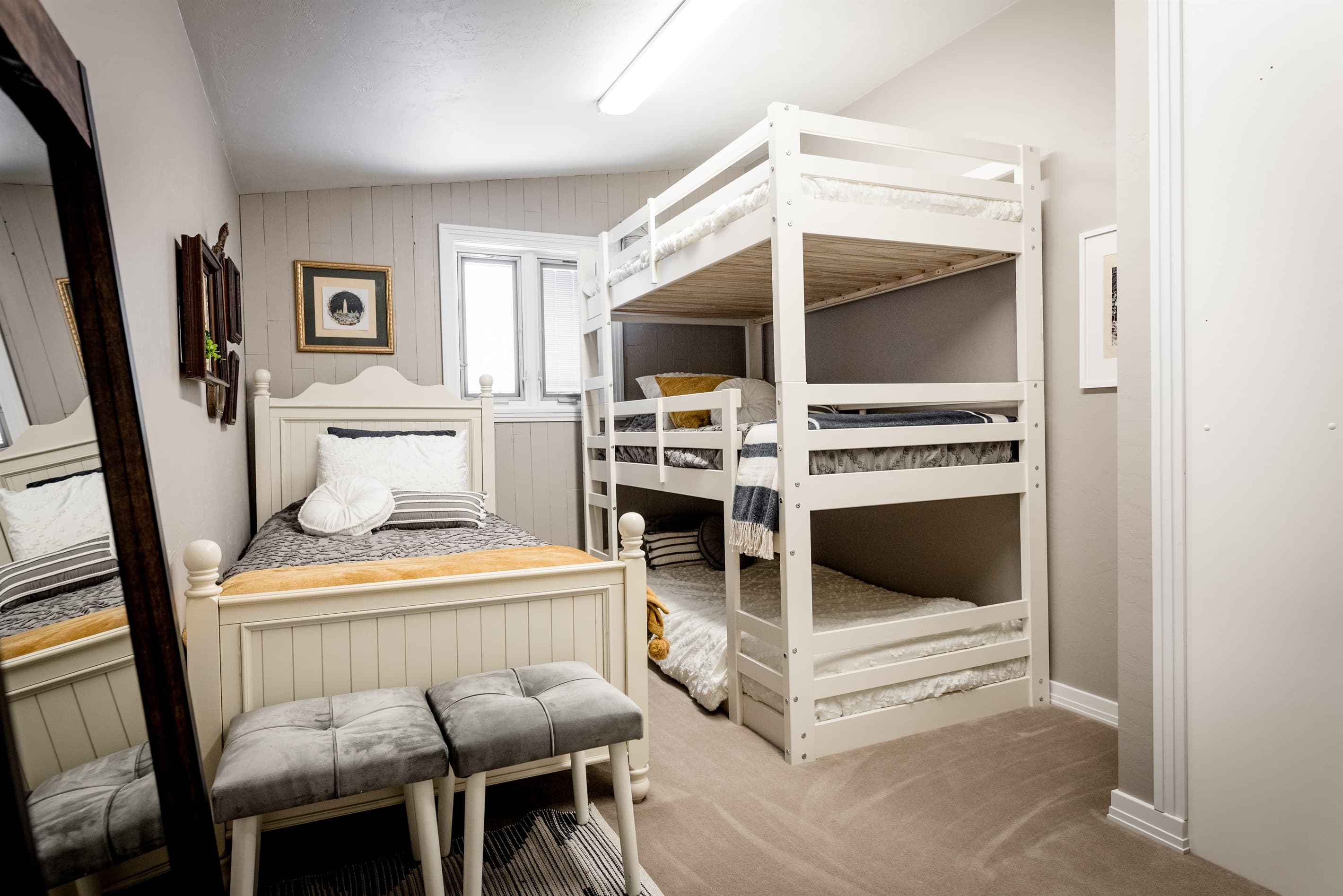 The bunk room for kids sleepovers including 4 twin beds.