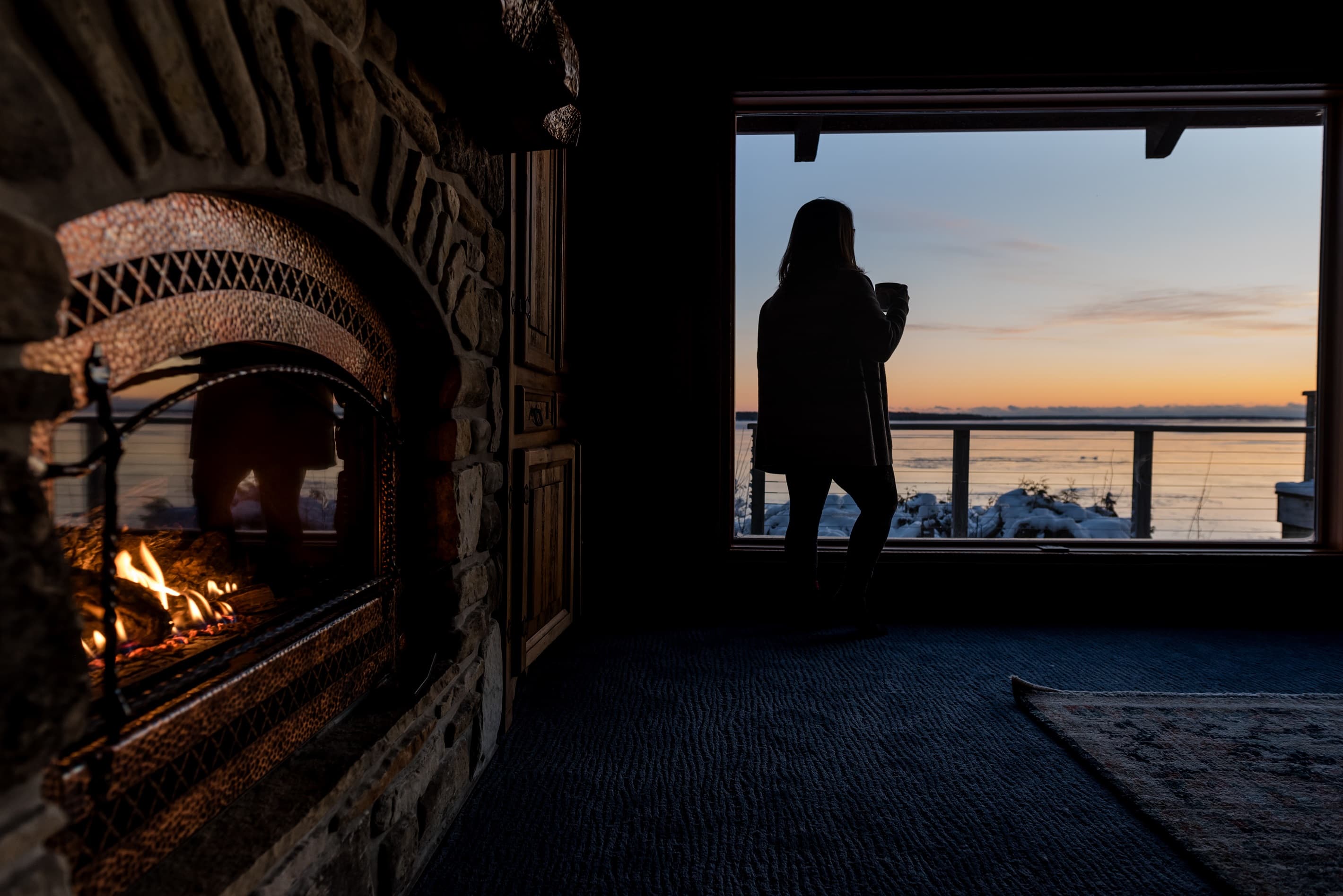 Fireplace, check. Sunrise, check. Coffee, check.