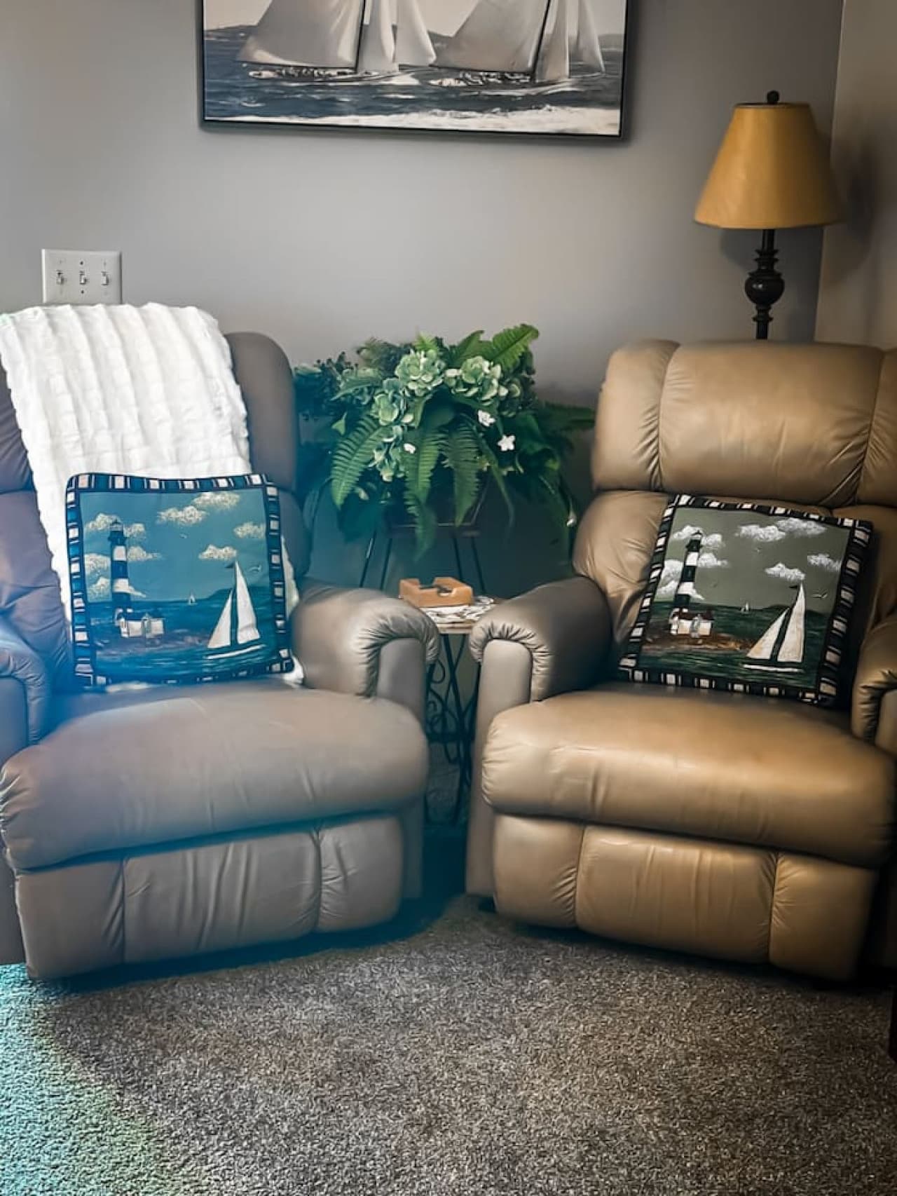 Relax in comfort with plush recliners, nautical accents, and tranquil touches. Perfect after a day on the water