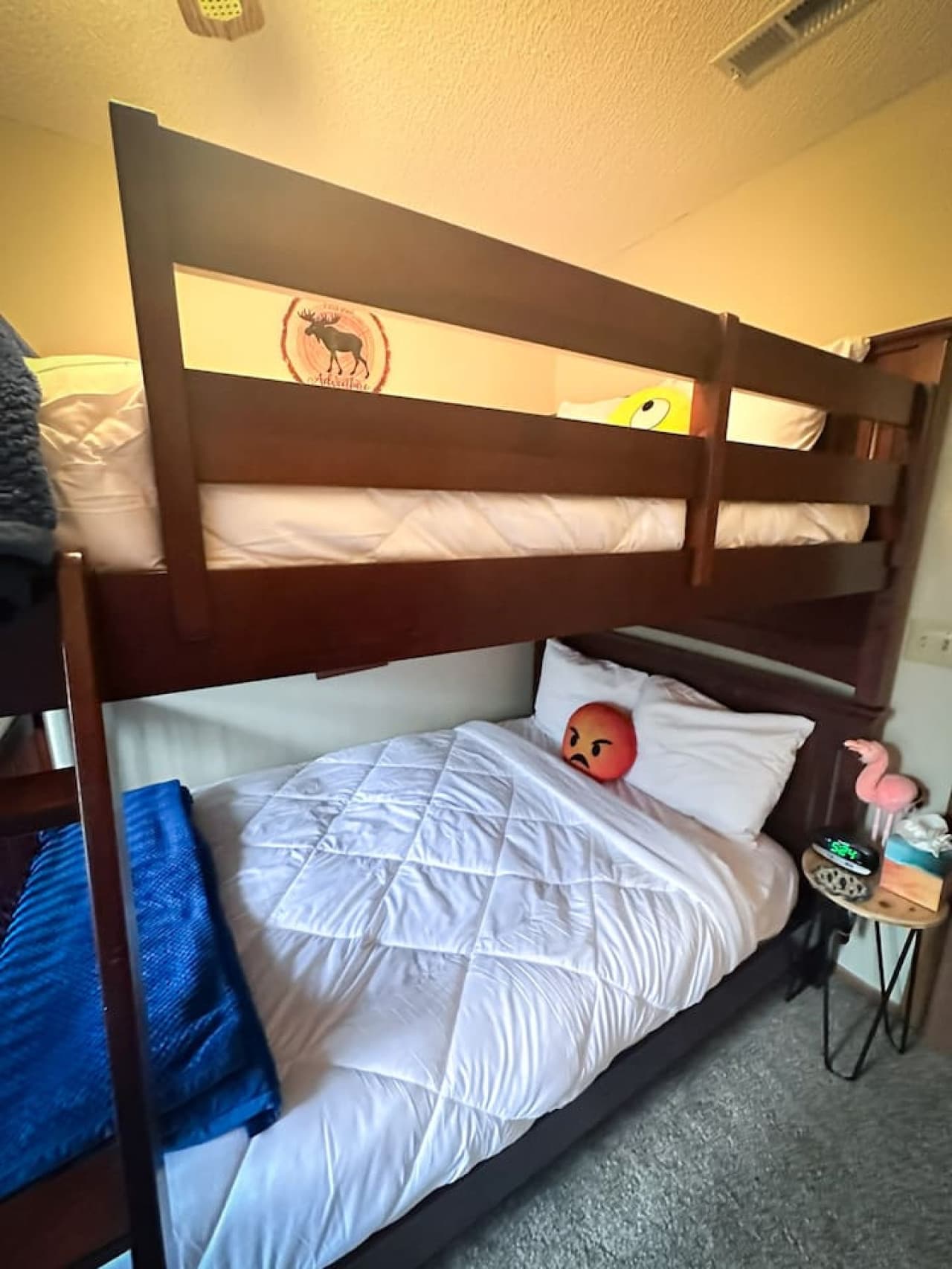 This cheerful kids' bedroom features a sturdy bunk bed, perfect for sleepovers or siblings sharing a space. Bright, playful accents and plenty of room to play make it a fun and functional retreat for little ones.