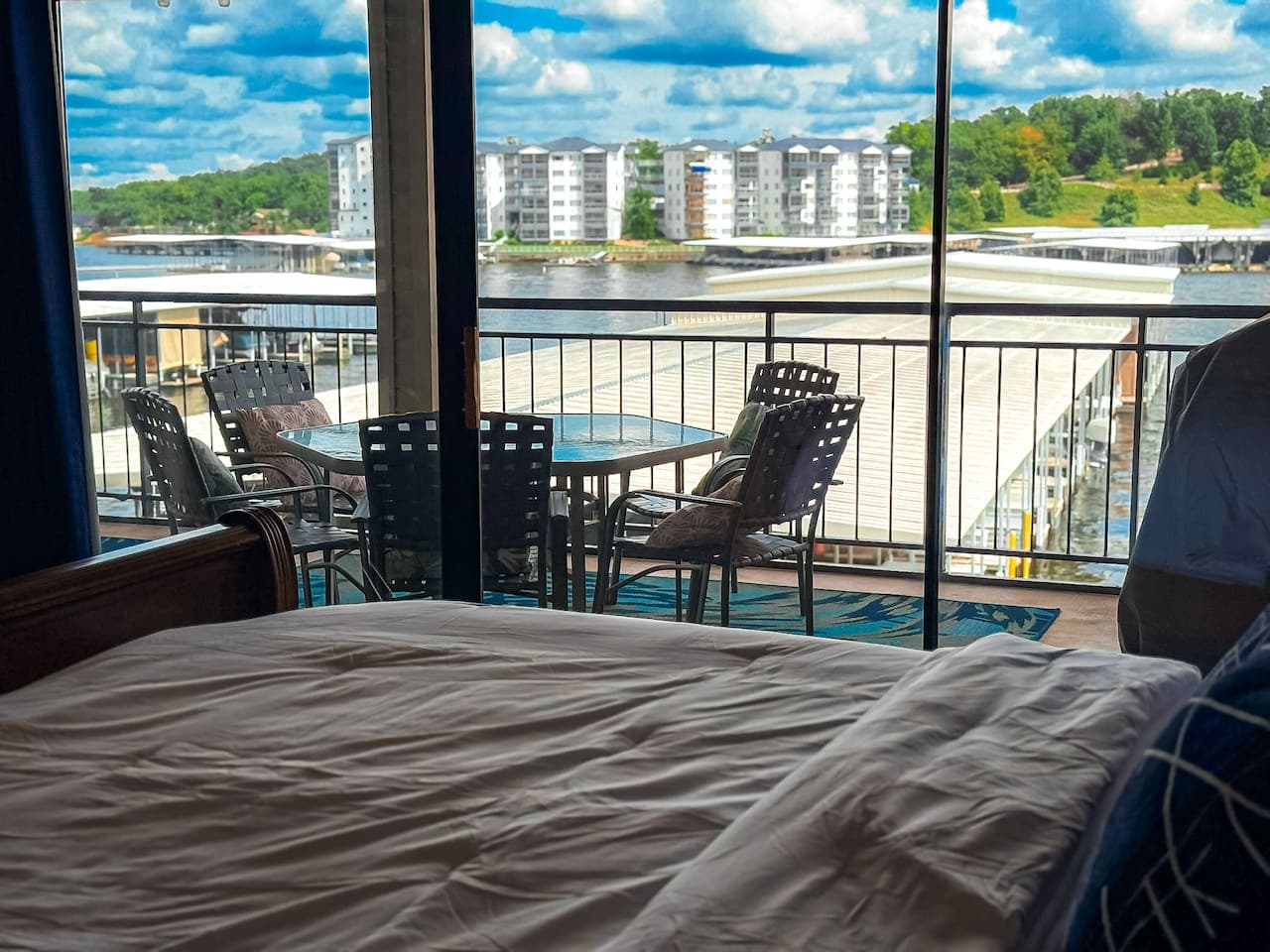 Wake up to stunning waterfront views from the master bedroom of our Falls Point Drive condo. Perfect for your next Missouri lake vacation rental.