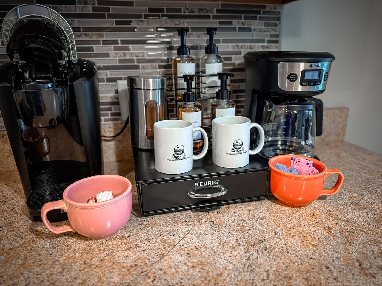 Start your day right with a fresh brew from our dedicated coffee station, complete with a Keurig and all the essentials.