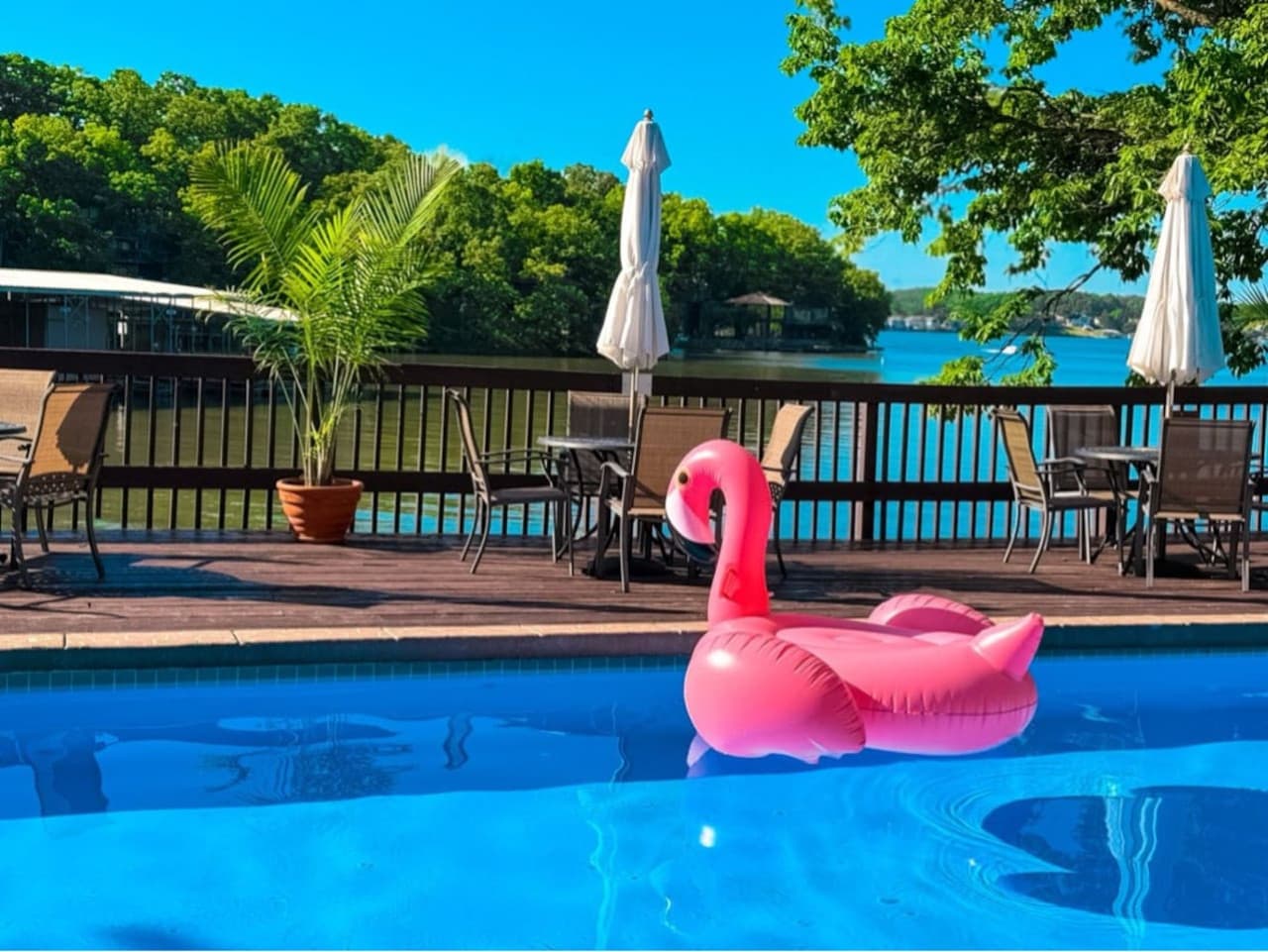 Dive into fun at the Treetop Village pool with lakeside view! Whether you're swimming laps or simply lounging, it's the perfect spot to enjoy your vacation.