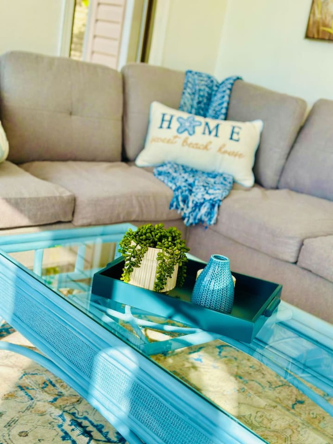 Bright, airy living room perfect for relaxing by the lake.