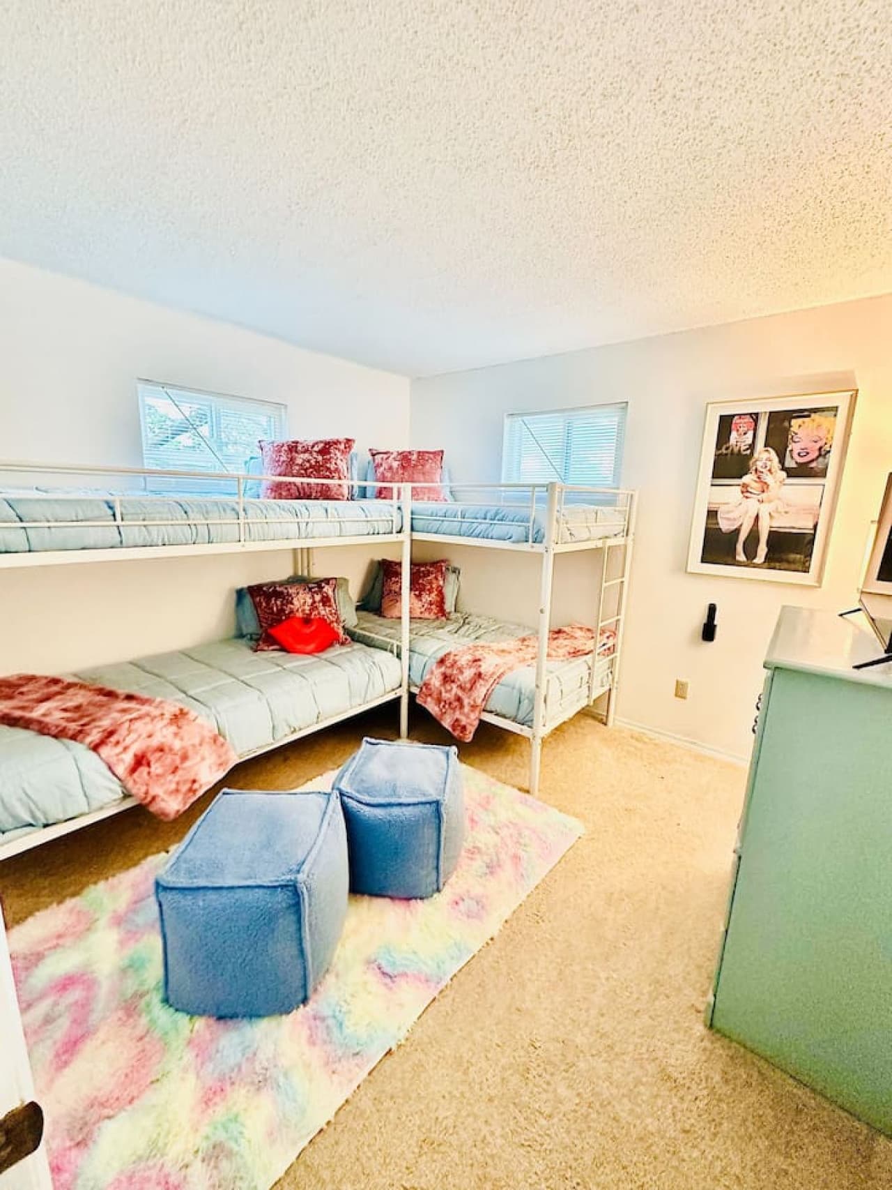 This unique bunk bedroom at Hickory Haven combines cozy sleeping with a splash of Hollywood glamour, ensuring a fun and comfortable stay for your young stars or adventurous guests.