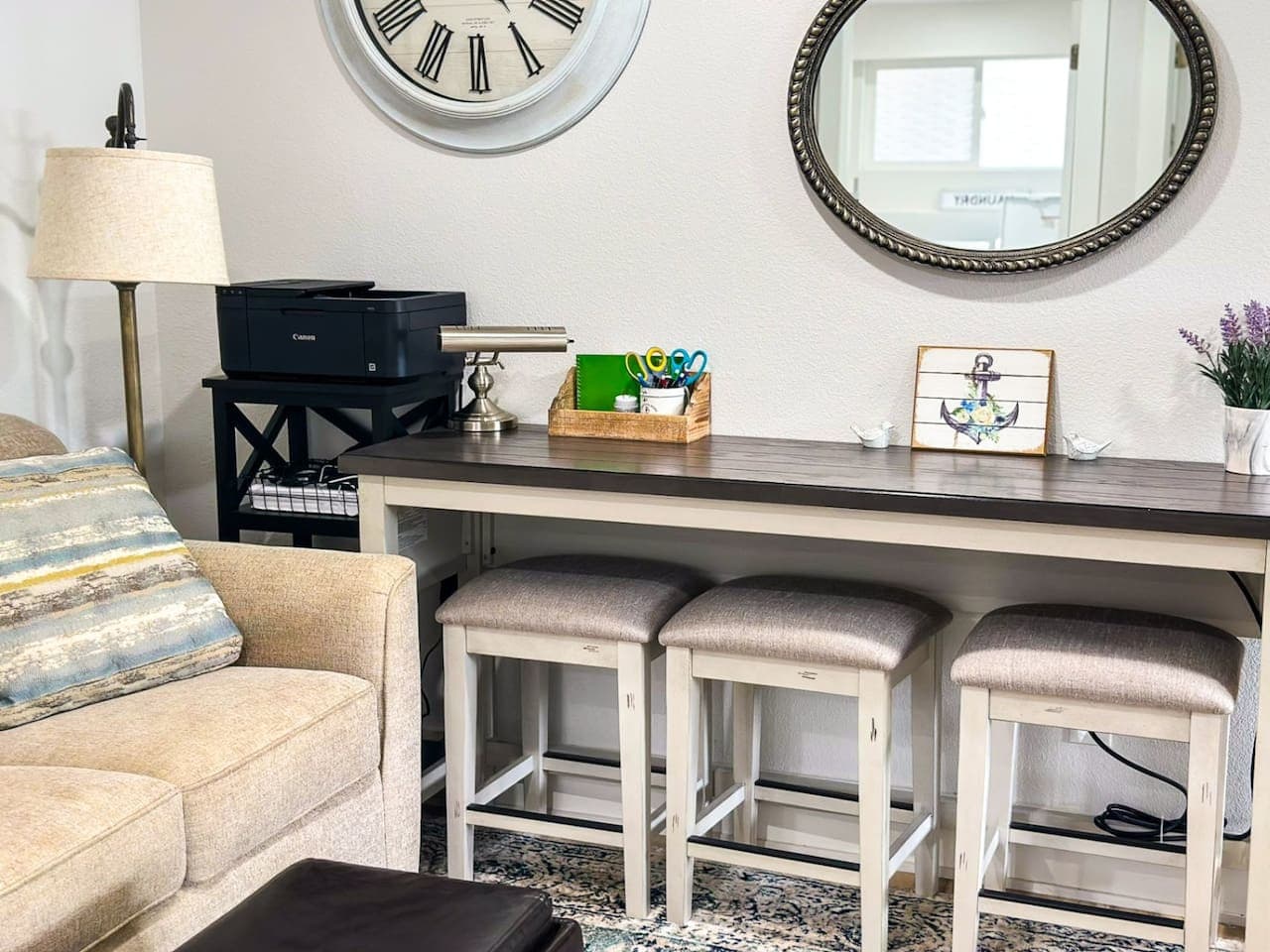 Lower Level office area with printer for working remote.