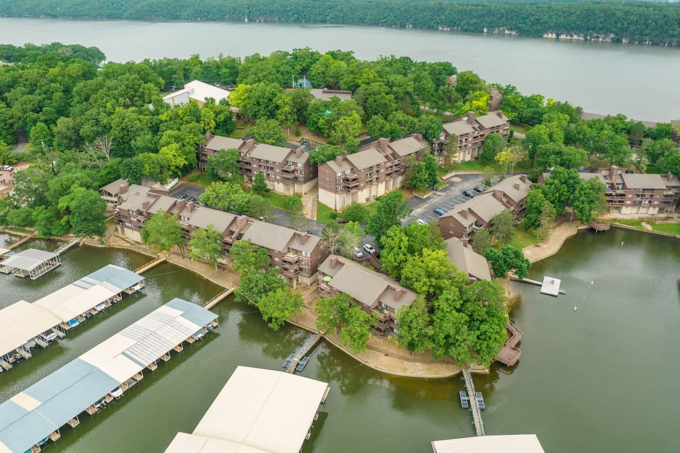 "Experience lakeside living at its finest! An aerial view of The Knolls Resort, showcasing our prime location and direct lake access."