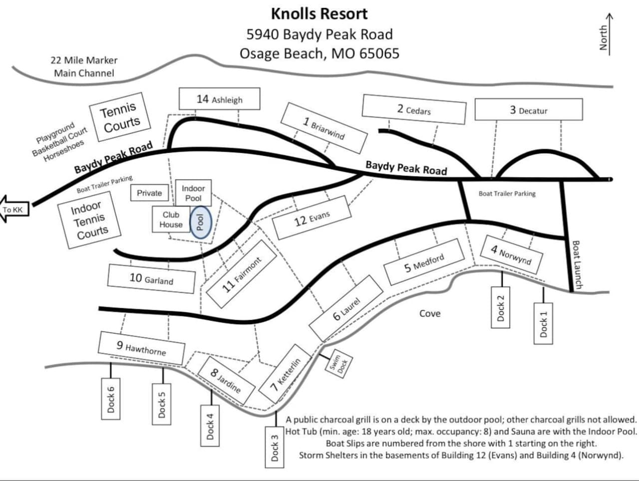 A detailed map of the Knolls Resort, showcasing nearby amenities and directions.