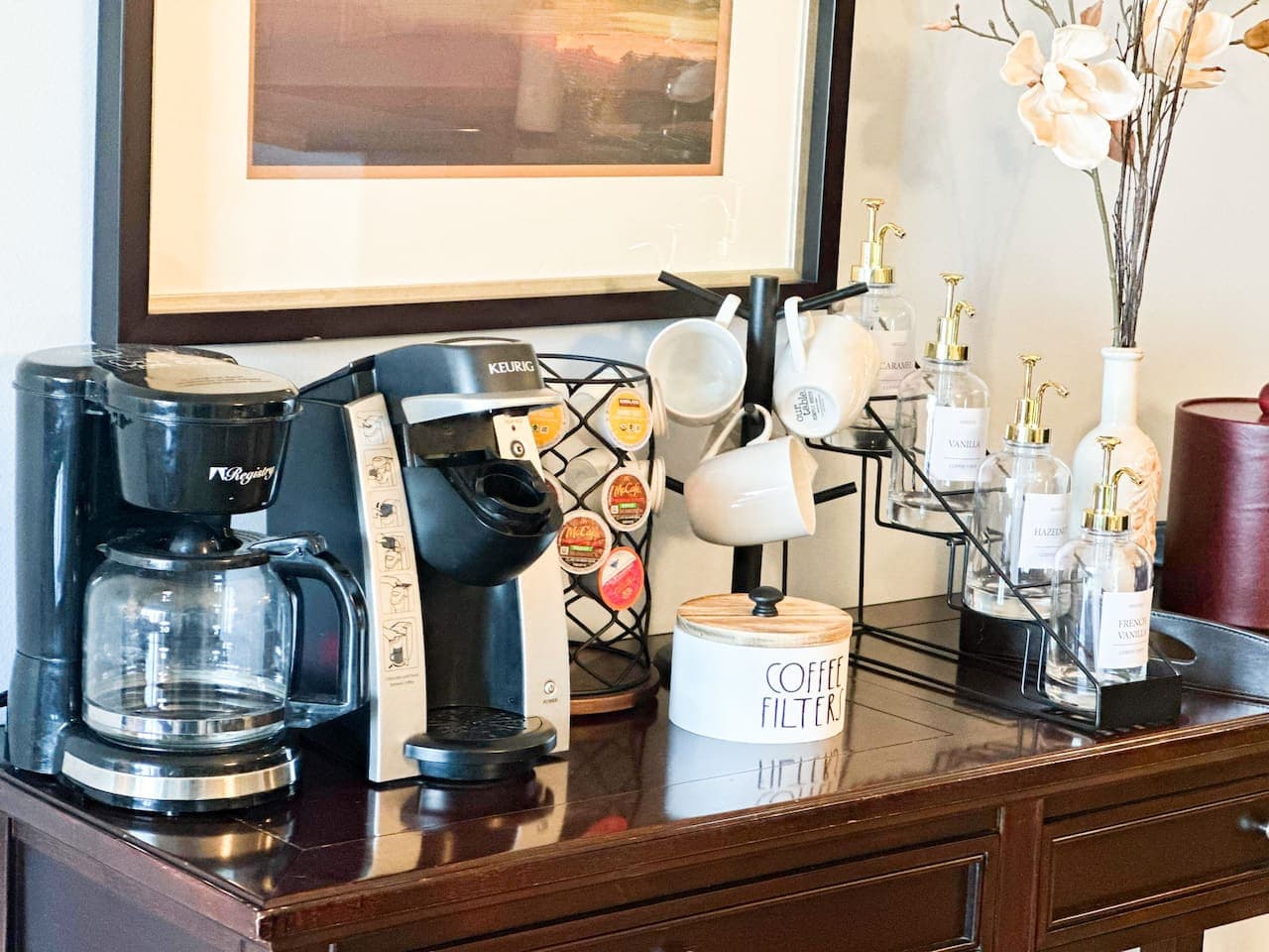 Kickstart your mornings with a curated coffee bar featuring a variety of brews and syrups for a personalized touch.