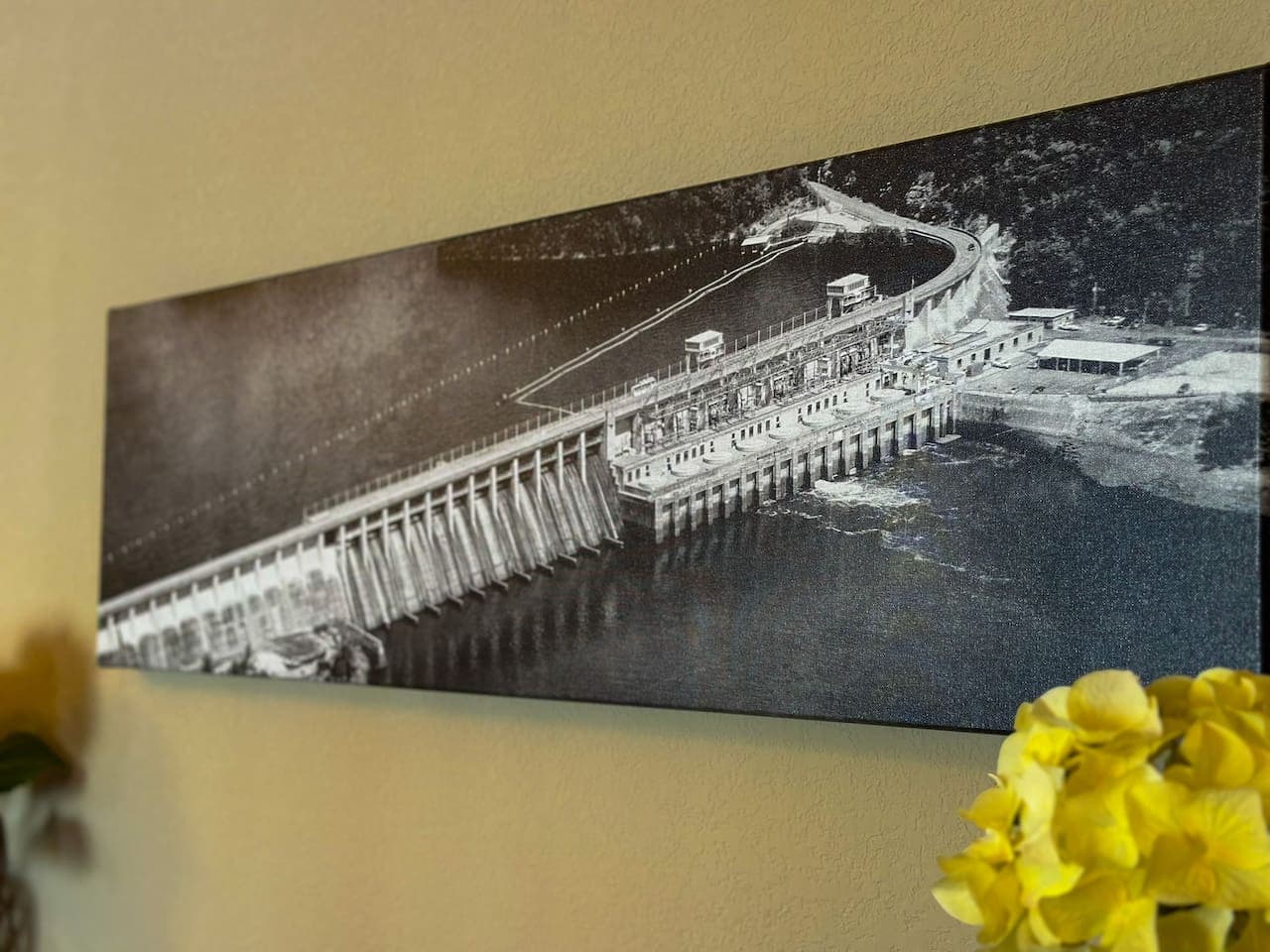This artwork depicts the grandeur of the Bagnell Dam, a significant landmark that embodies engineering marvel and natural power. It serves as a striking focal point, adding a touch of historical and architectural interest to the rental space.