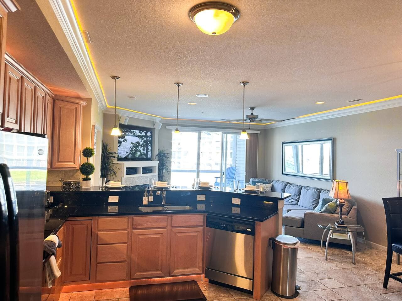 From quick snacks to gourmet dinners, our fully equipped kitchen with ample counter space at Look Out on Lands End makes meal prep a breeze during your lake escape.