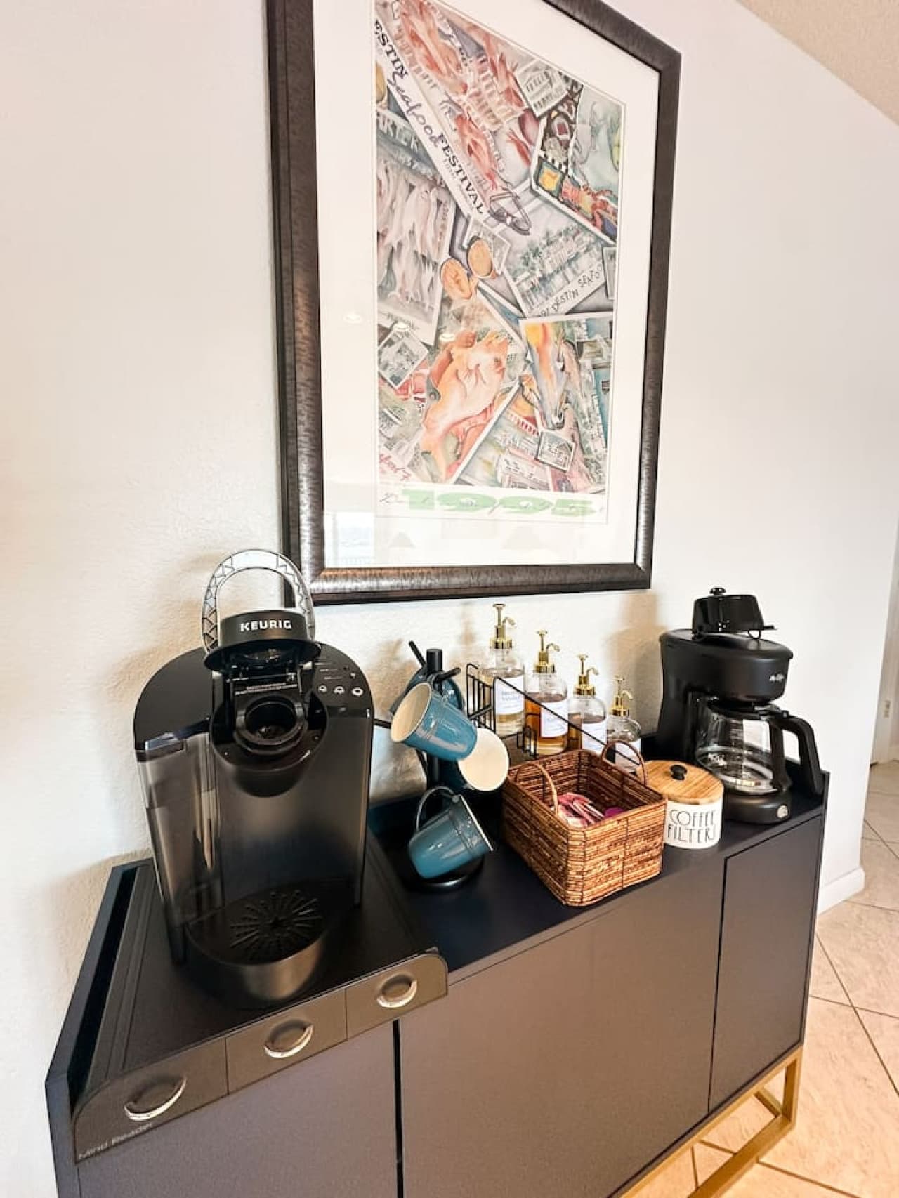 Enjoy a dedicated coffee station with a Keurig machine, drip coffee maker, assorted syrups, and coffee mugs for the perfect morning pick-me-up.