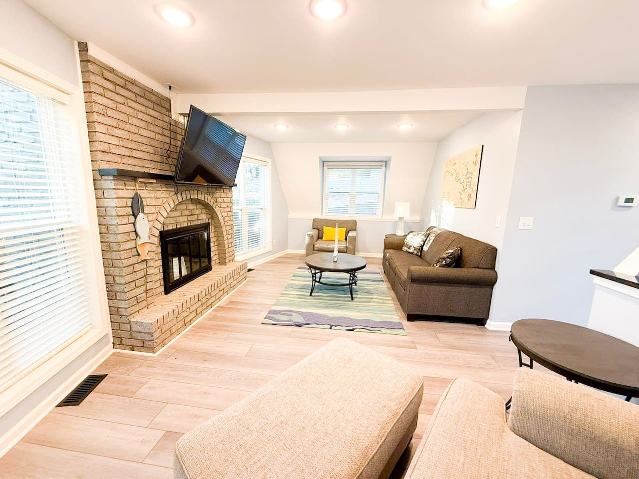 Large living room for relaxing and recharging after a fun day on the lake.
