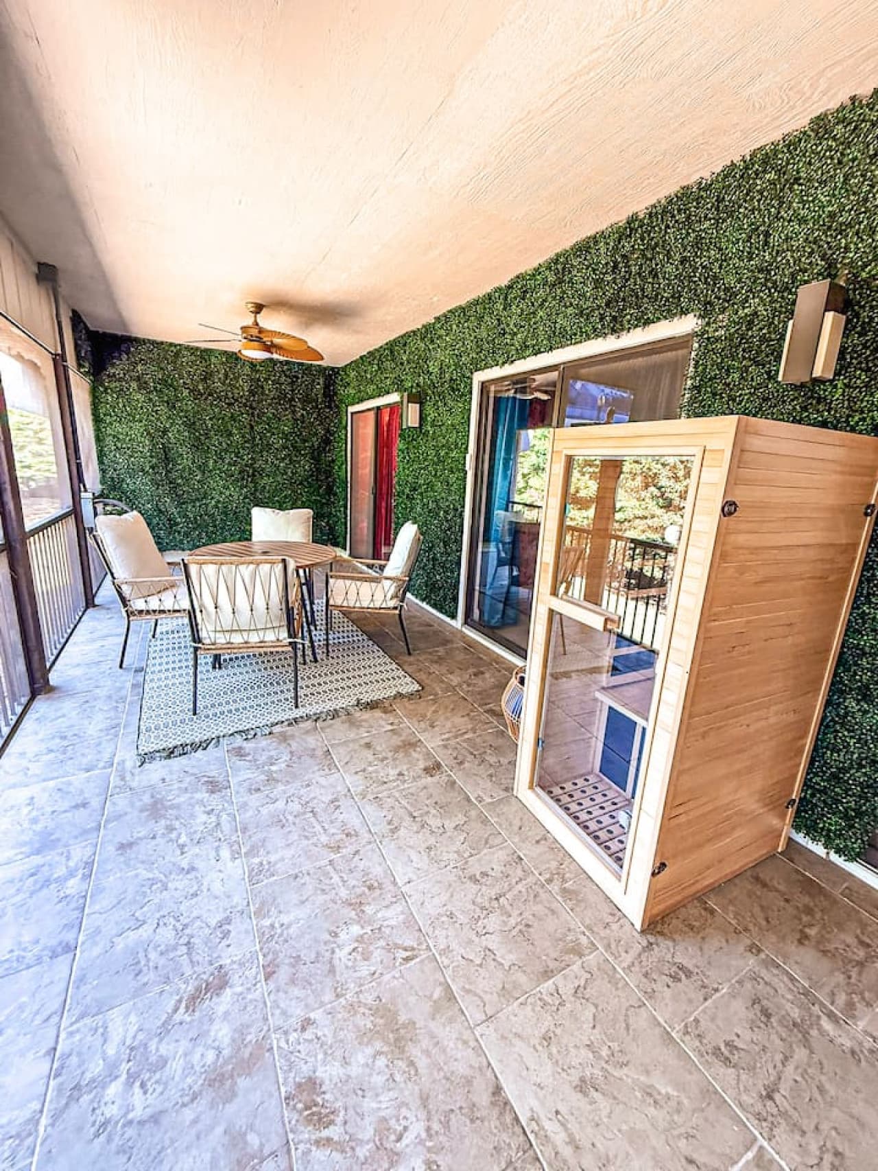 Sauna on the patio perfect for sitting down for a 30 minute session.