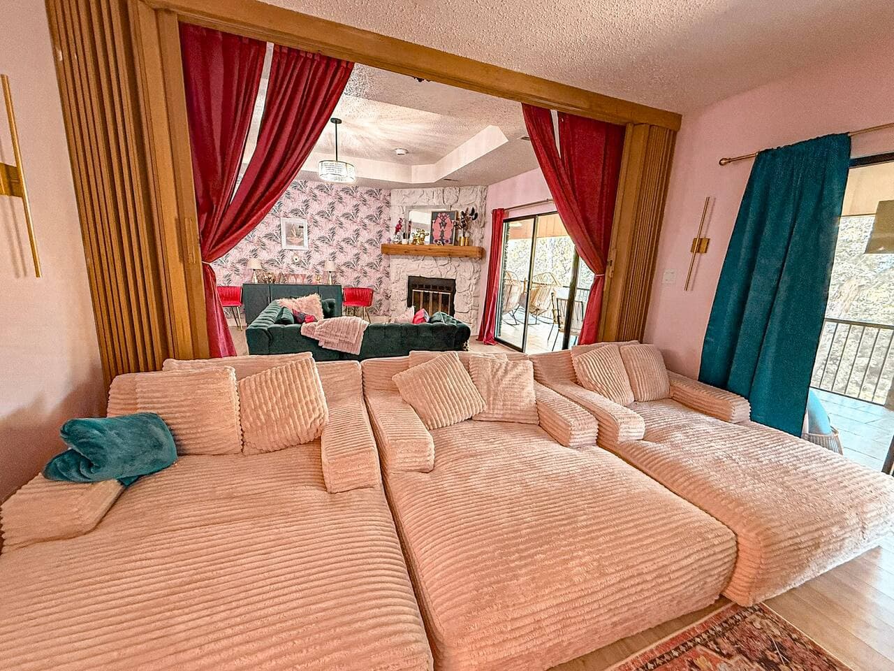 Cozy seating awaits in the movie theater room.