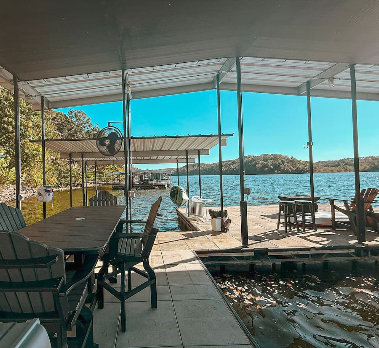 Covered dock with seating for lakeside dining.