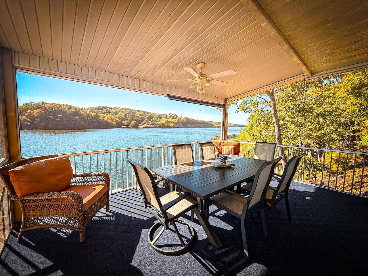 Dine outdoors with stunning lake scenery.