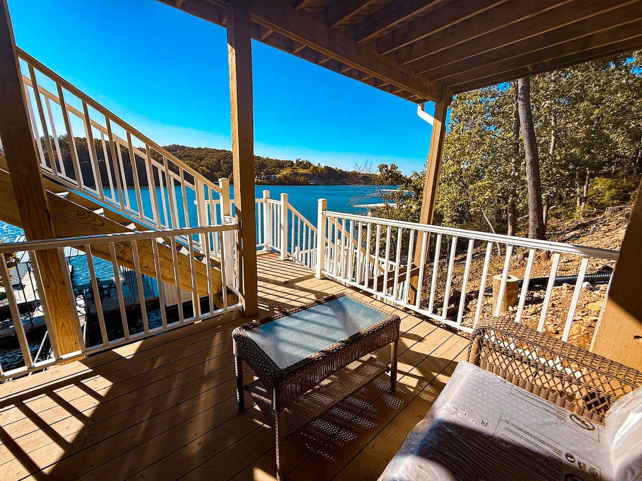 Cozy deck with peaceful lake views.