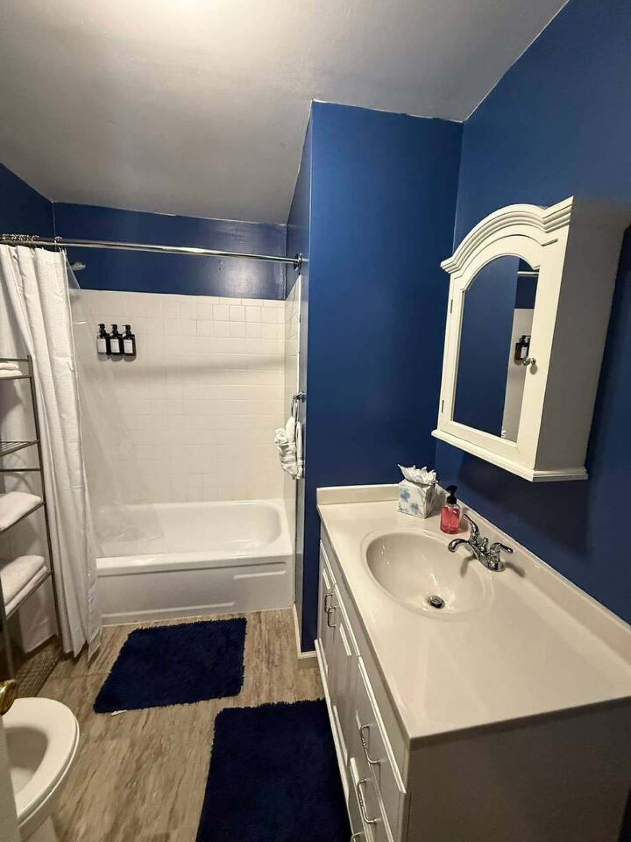 Full bathroom with shower and tub, vanity and toilet and luxury toiletry line.