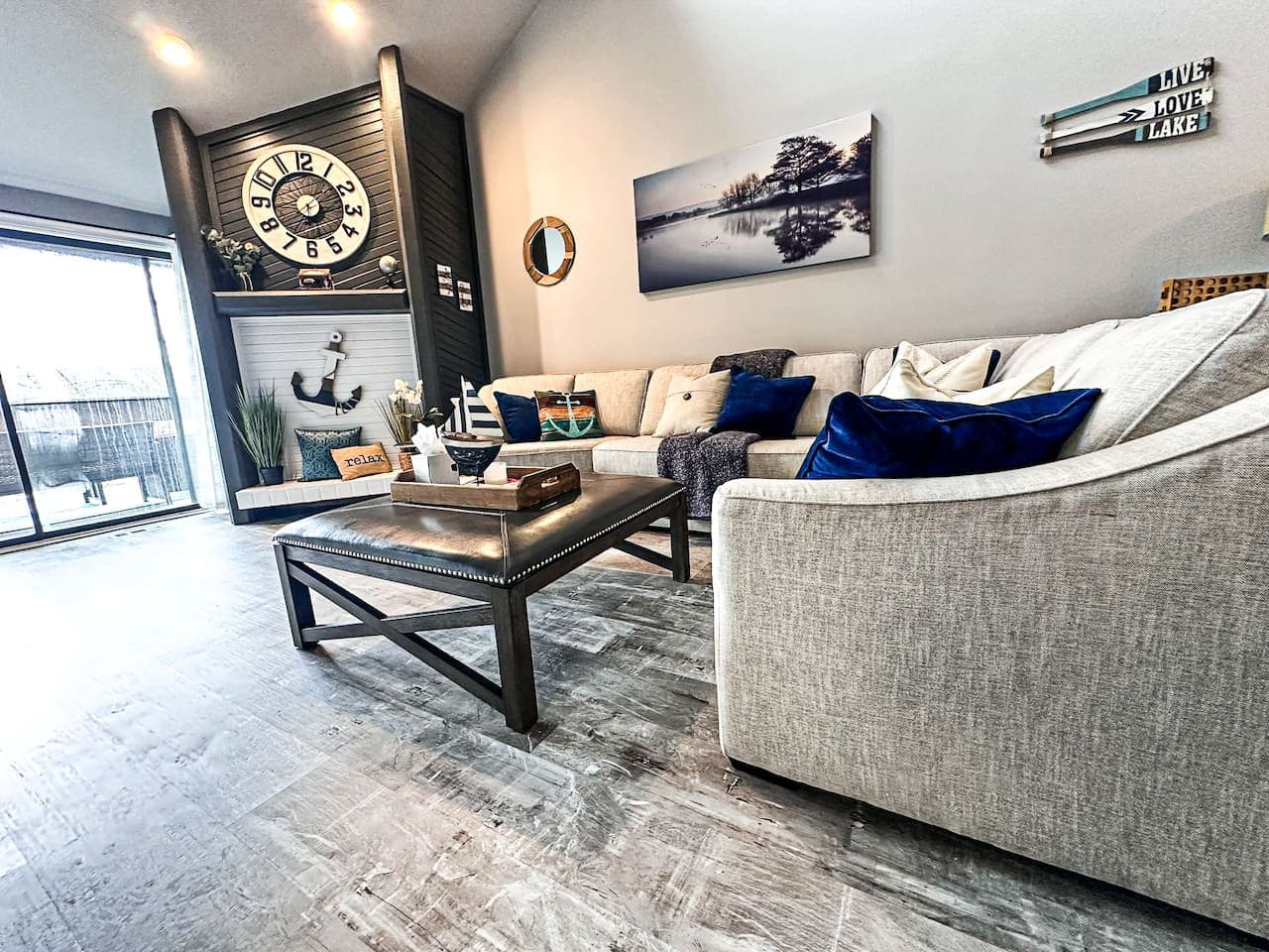 A cozy sectional perfect for family gatherings or a peaceful retreat with lake-inspired decor.